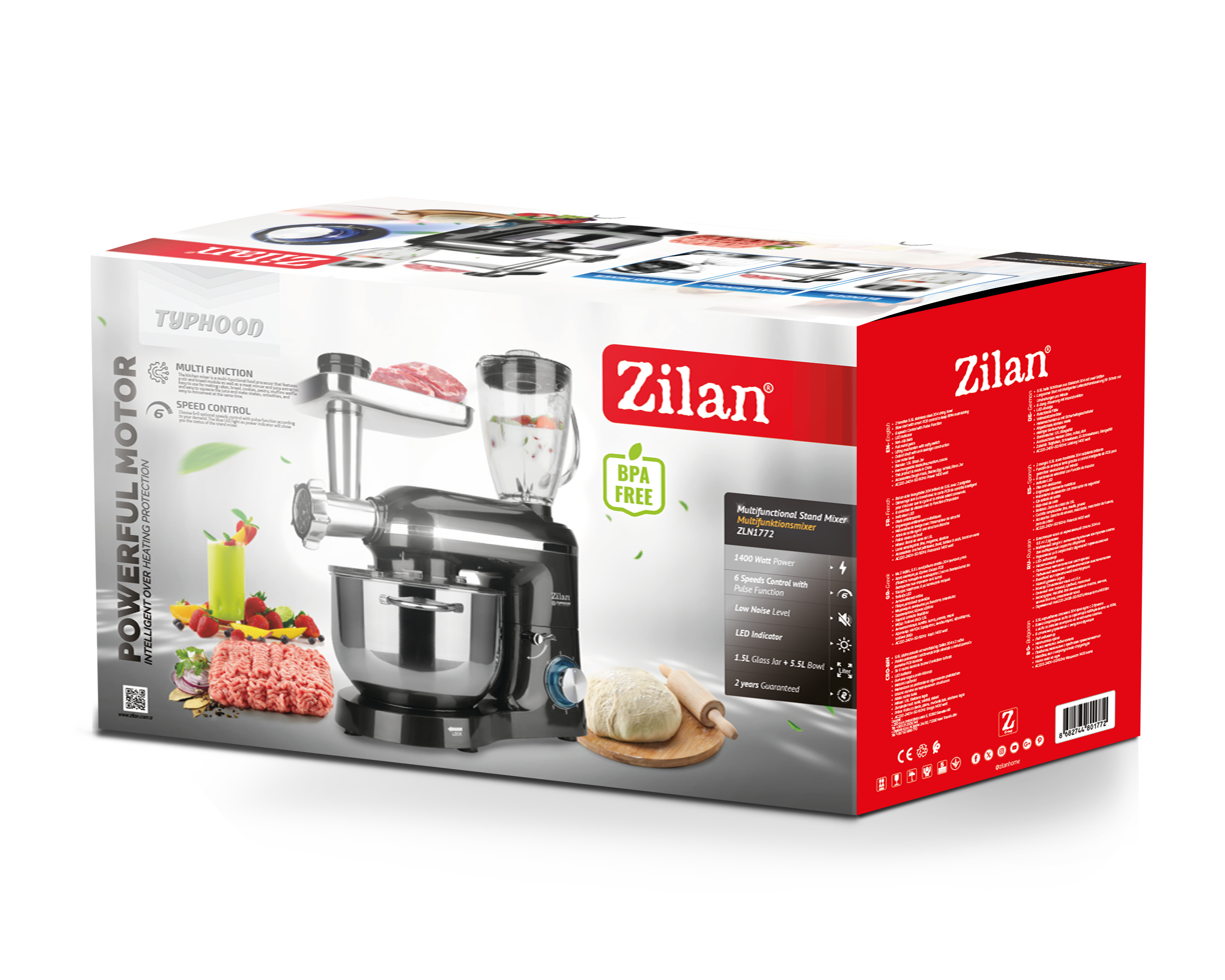 Zilan Küchenmaschine mit Fleischwolf & Mixeraufsatz, BPA-frei, 1400W, 6 Geschw.