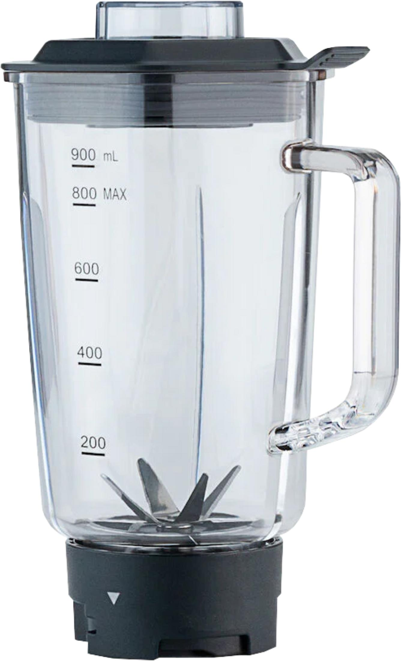 Caraffa trasparente per frullatore con coperchio e manico neri, con scala.