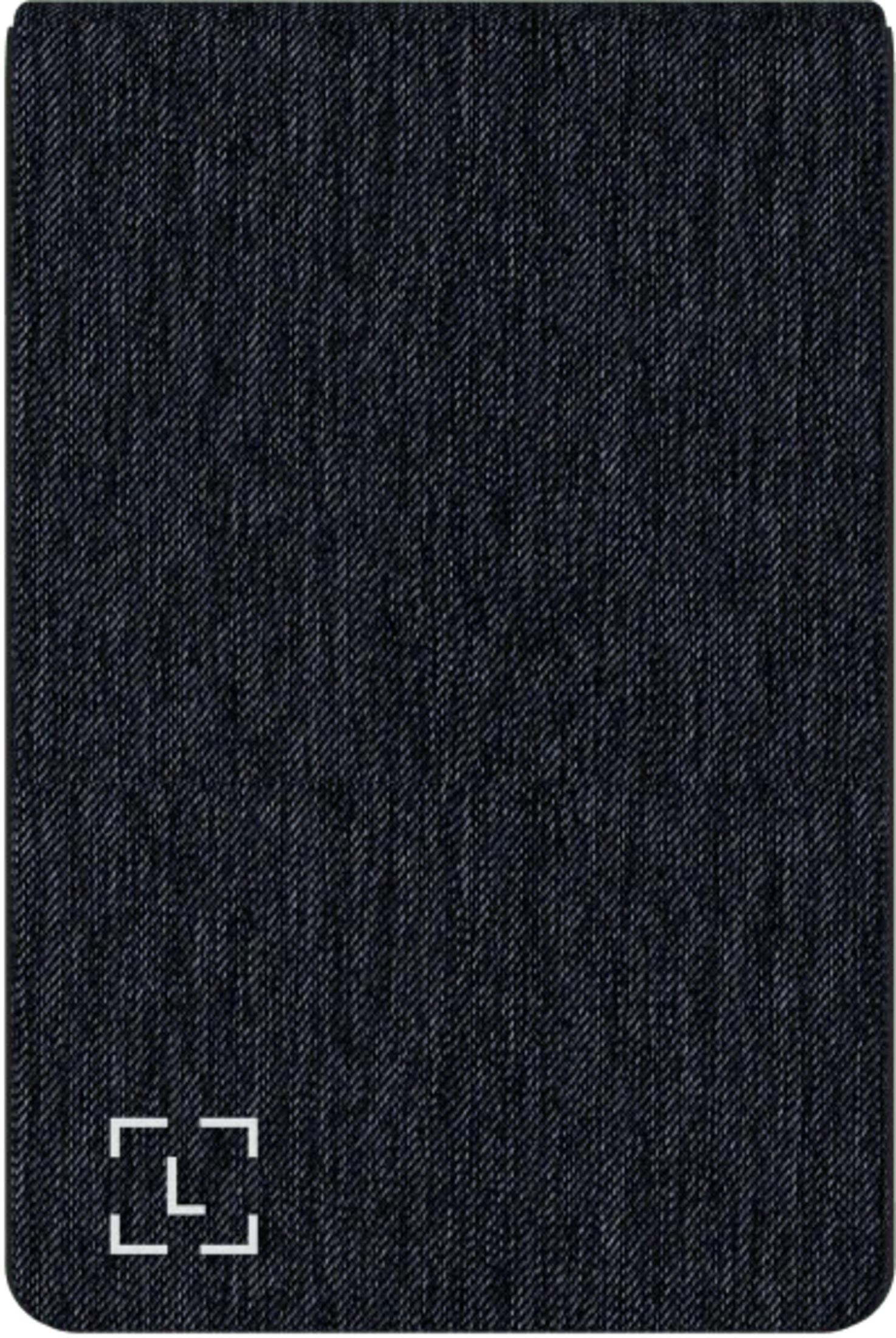 Donkerblauwe stof met fijne weeftextuur en een wit symbool linksonder.