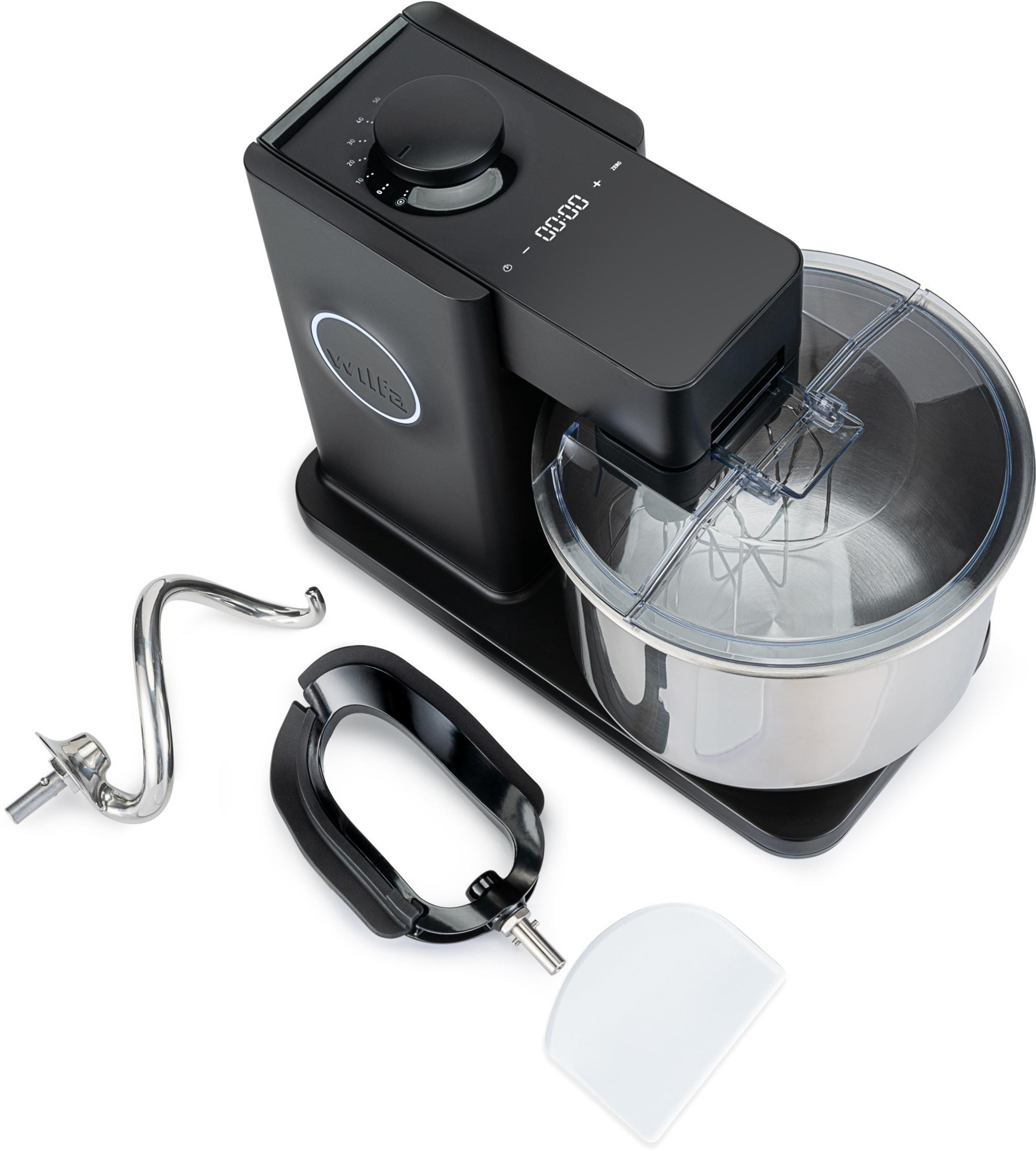 Impastatrice nera con ciotola in acciaio inox, gancio e frusta.