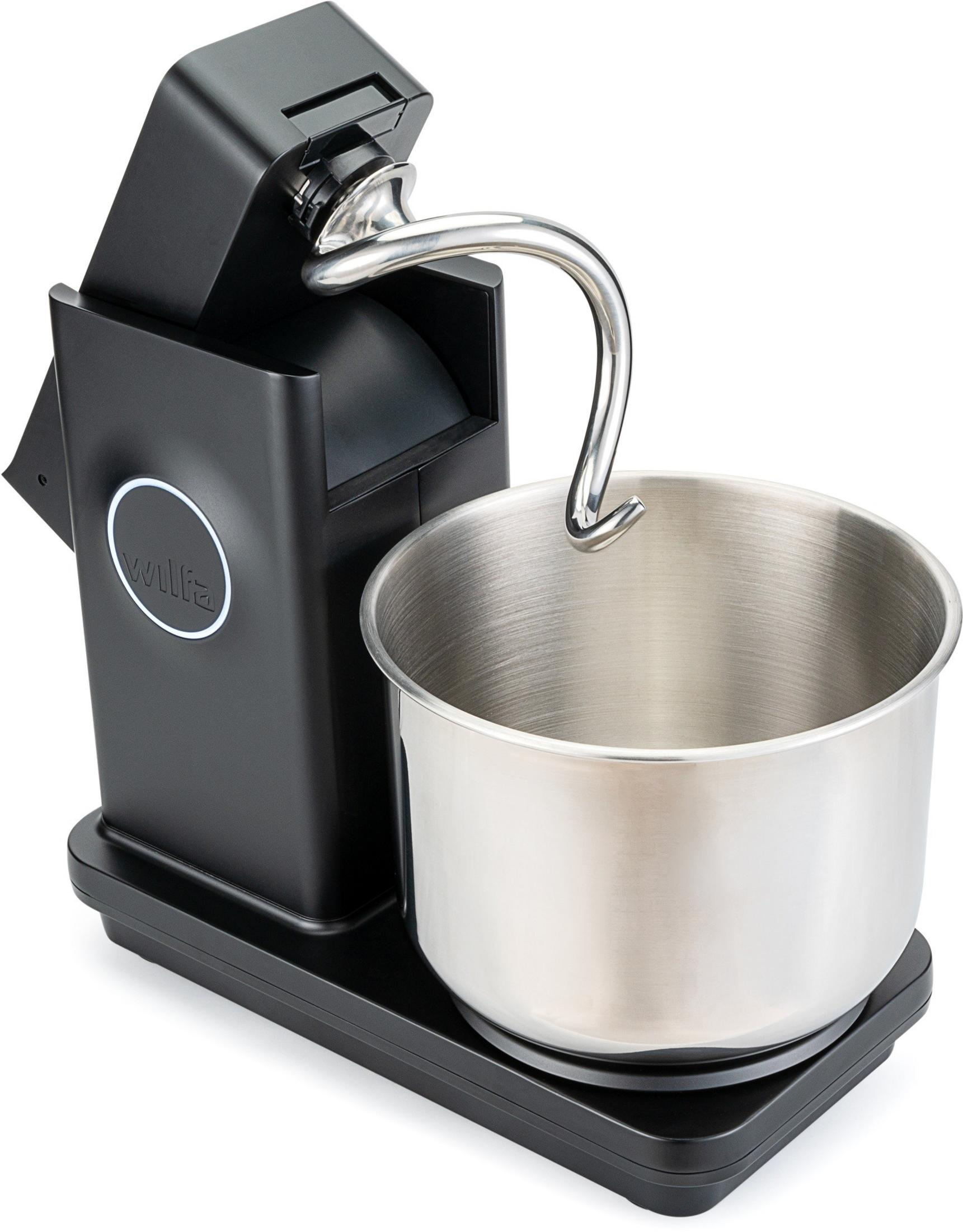 Impastatrice nera con ciotola in acciaio inox e gancio.