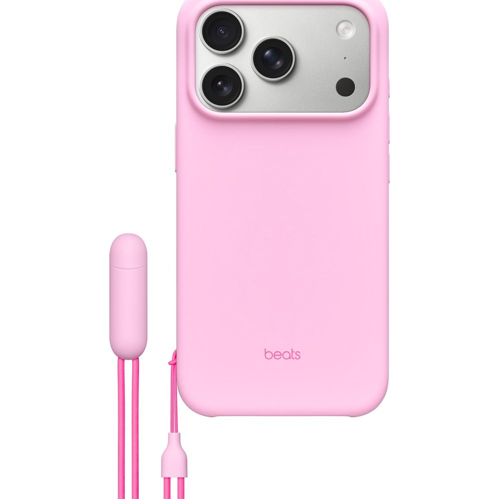 Una funda rosa para iPhone con módulo de cámara y un pequeño accesorio ovalado.