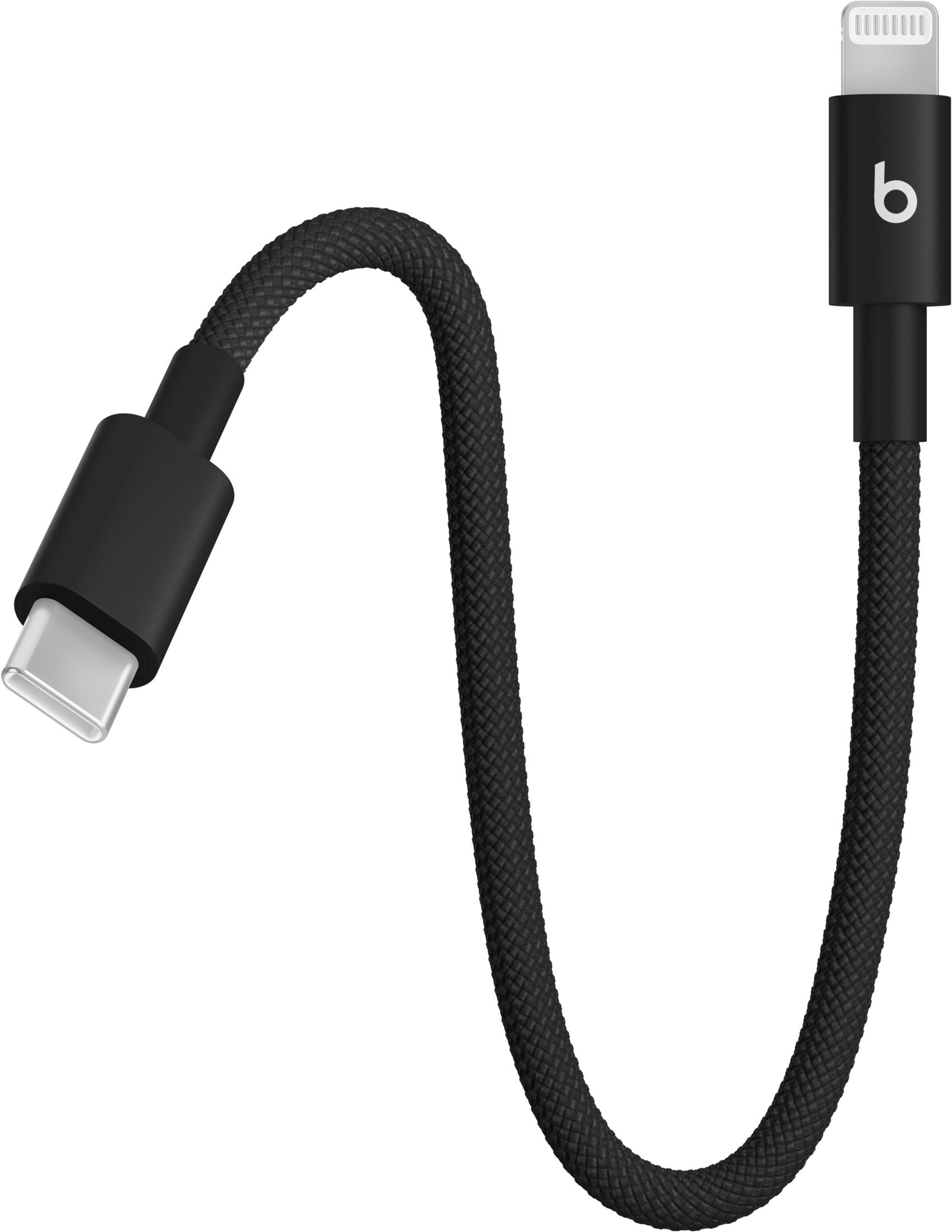 Czarny, pleciony kabel ze złączem USB-C i Lightning.