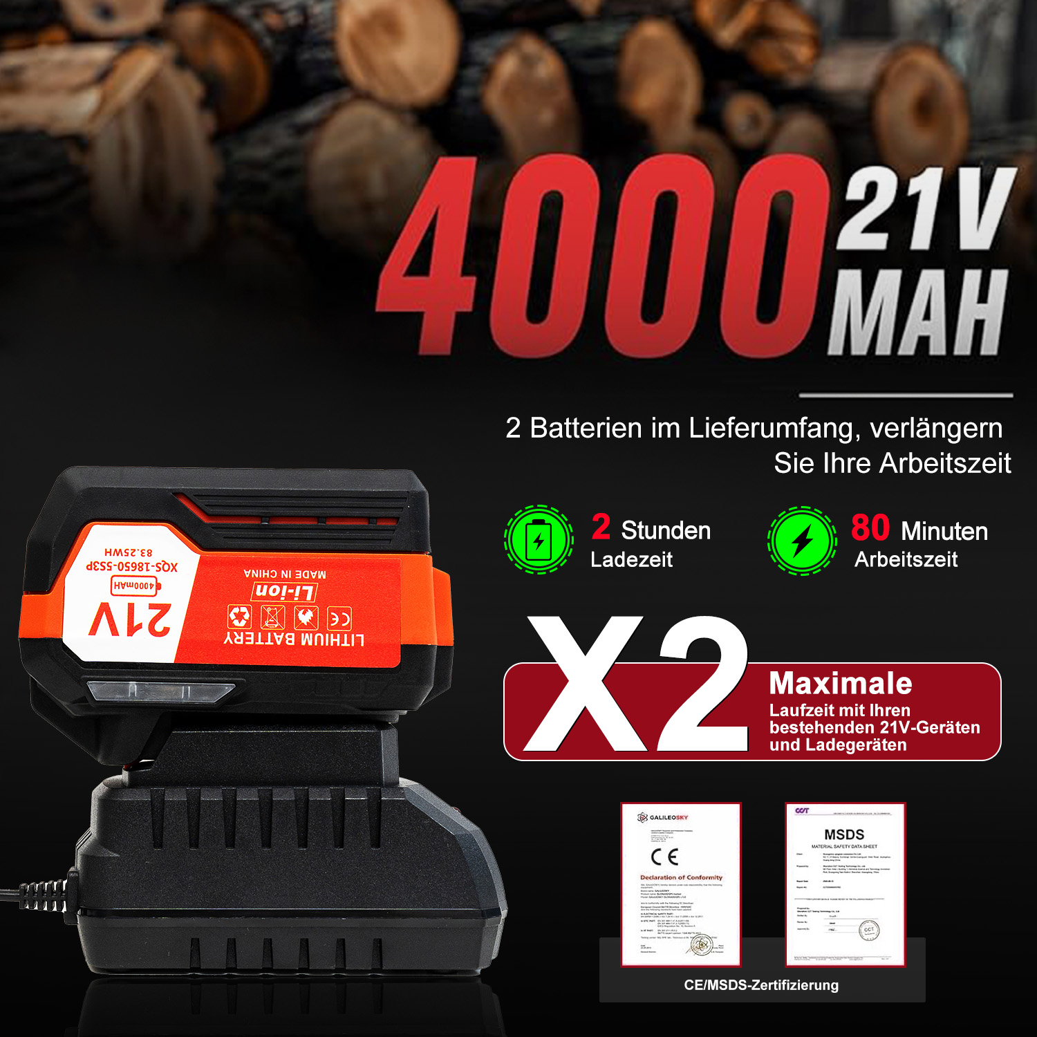21V 4000mAh Lithium-Ionen-Akku mit Ladegerät. 2 Std Ladezeit, 80 Min Arbeitszeit.