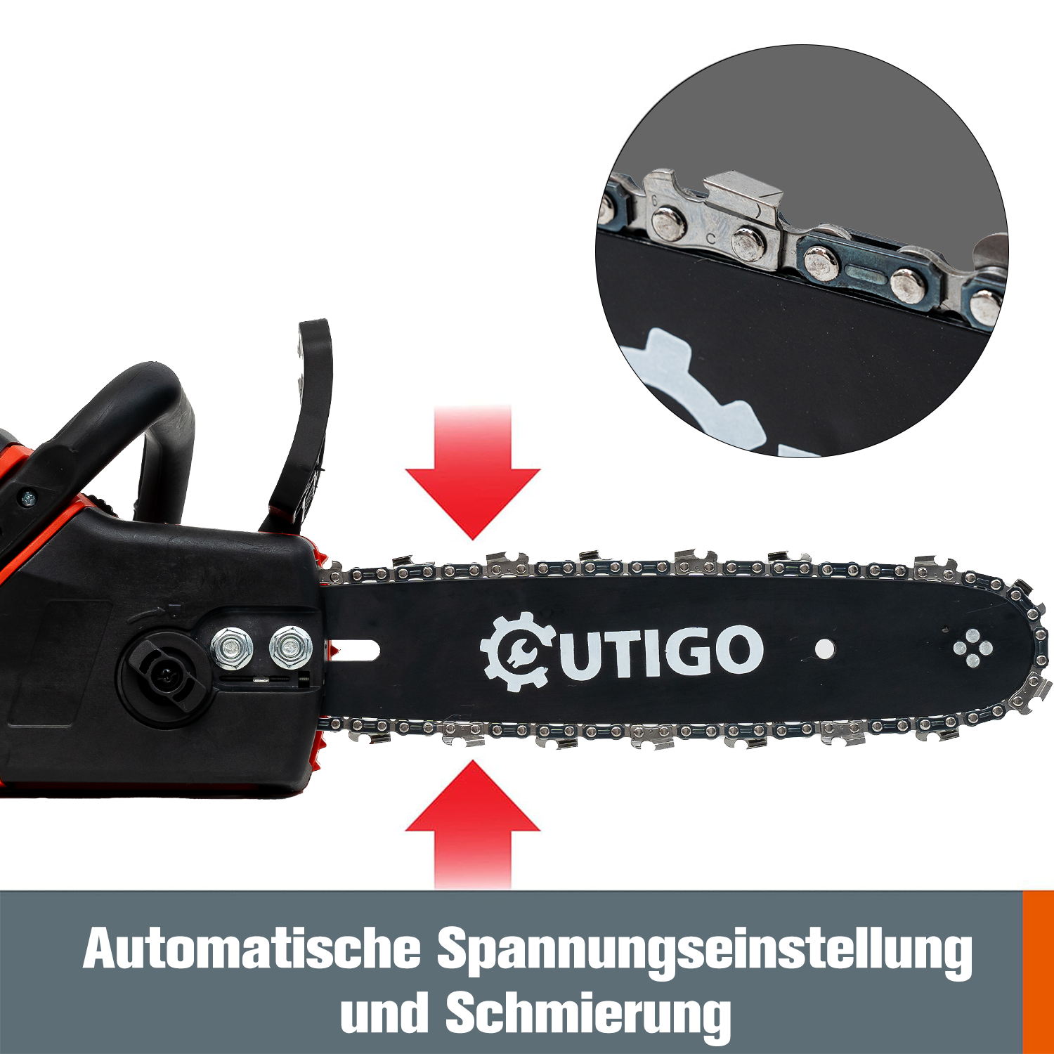 Nahaufnahme einer Kettensäge mit Kette und Klingen, mit roten Pfeilen, die die Spannung zeigen.