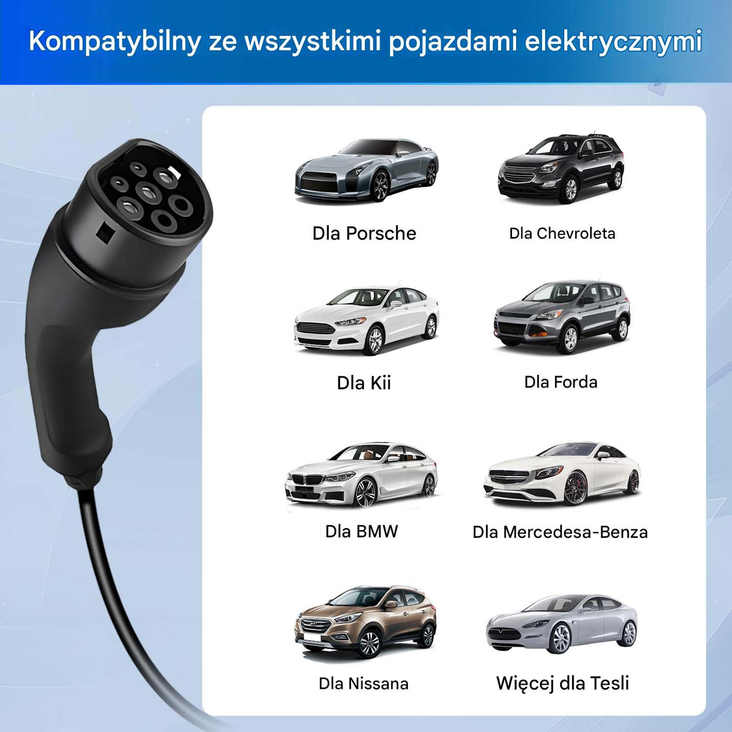 Czarna wtyczka ładowania pojazdów elektrycznych po lewej, po prawej obrazy samochodów.