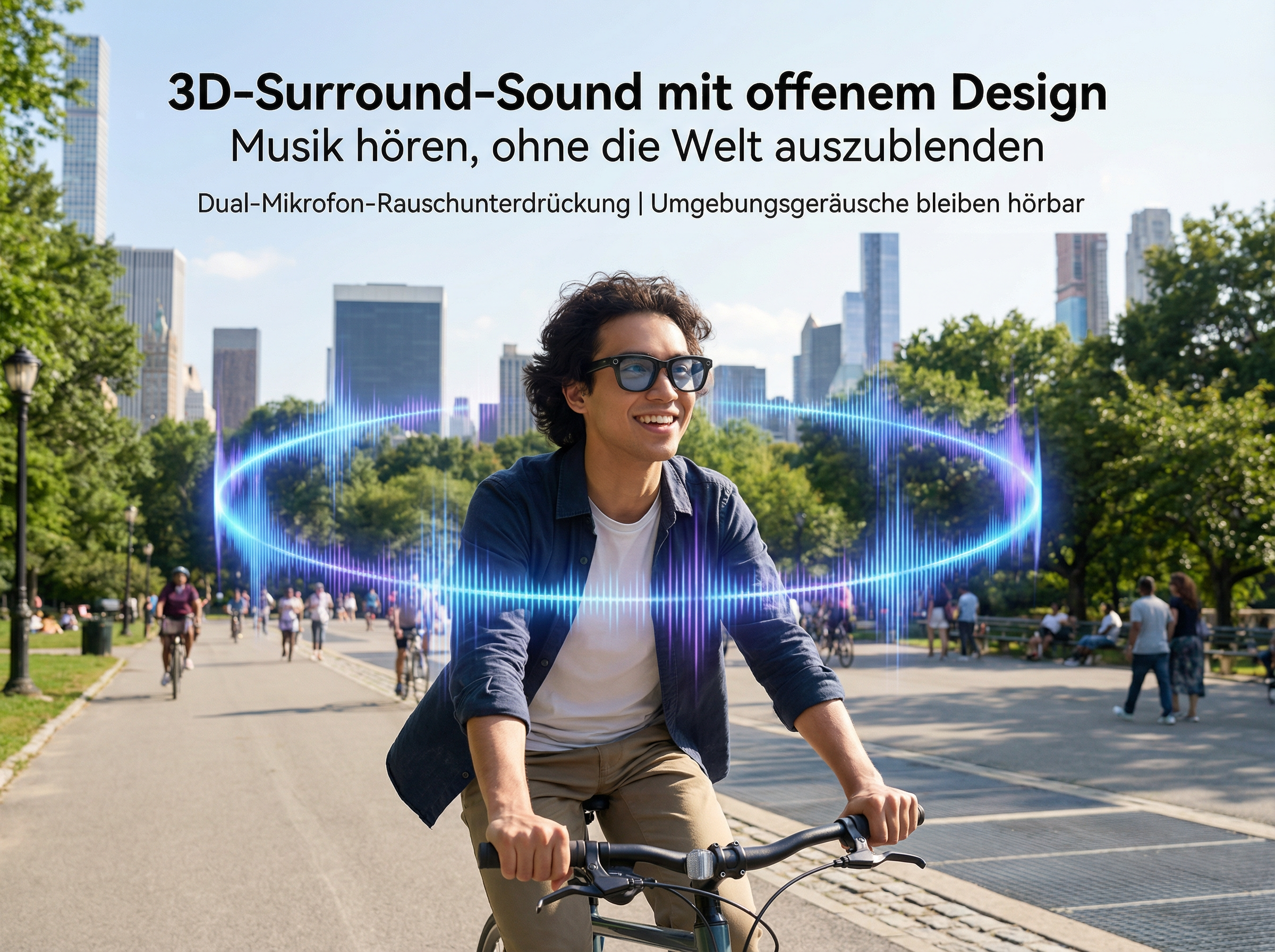 Mann fährt Fahrrad in Park mit 3D-Sound-Visualisierung.