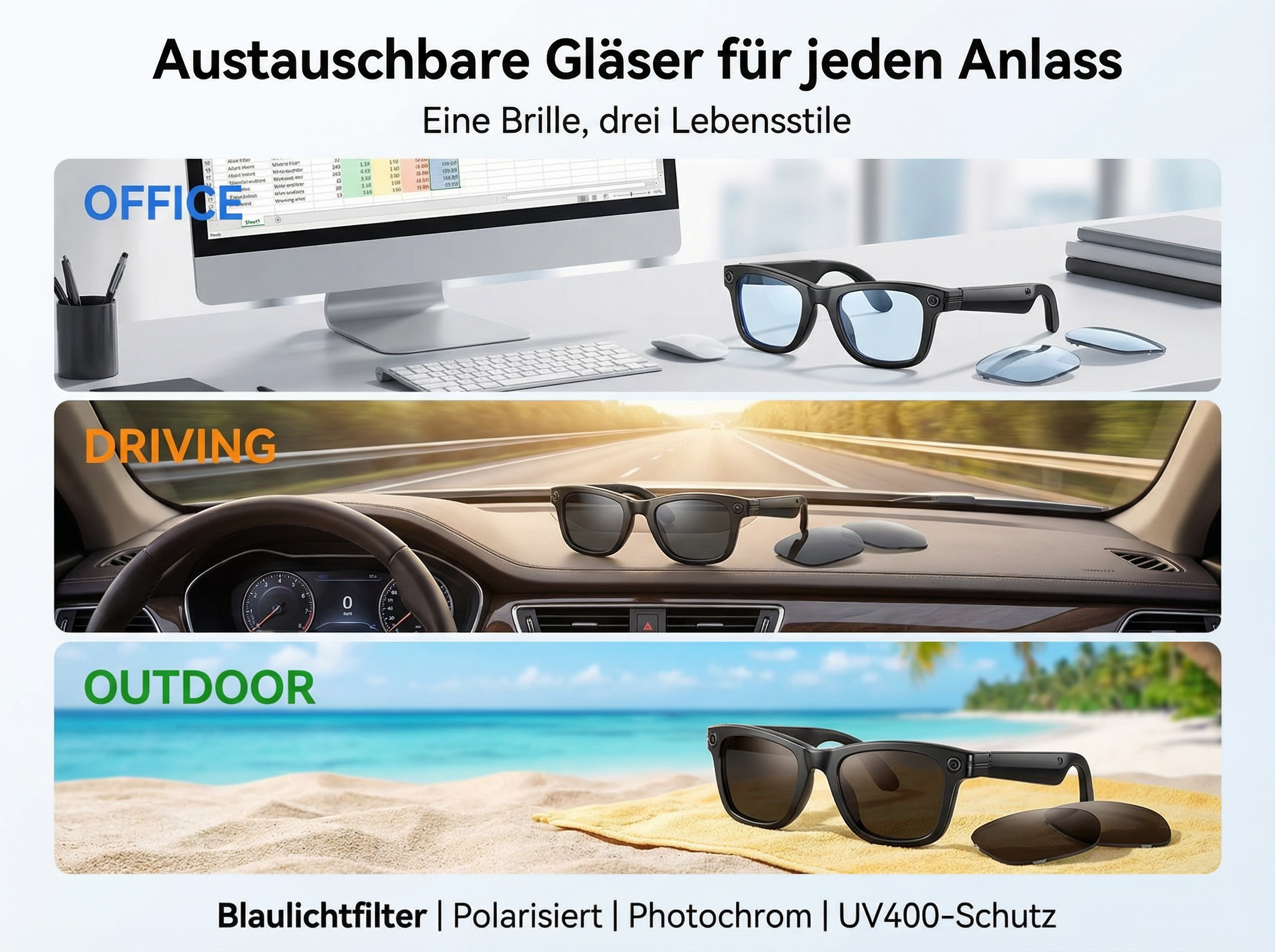Brillen für Büro, Autofahren und draußen mit austauschbaren Gläsern.