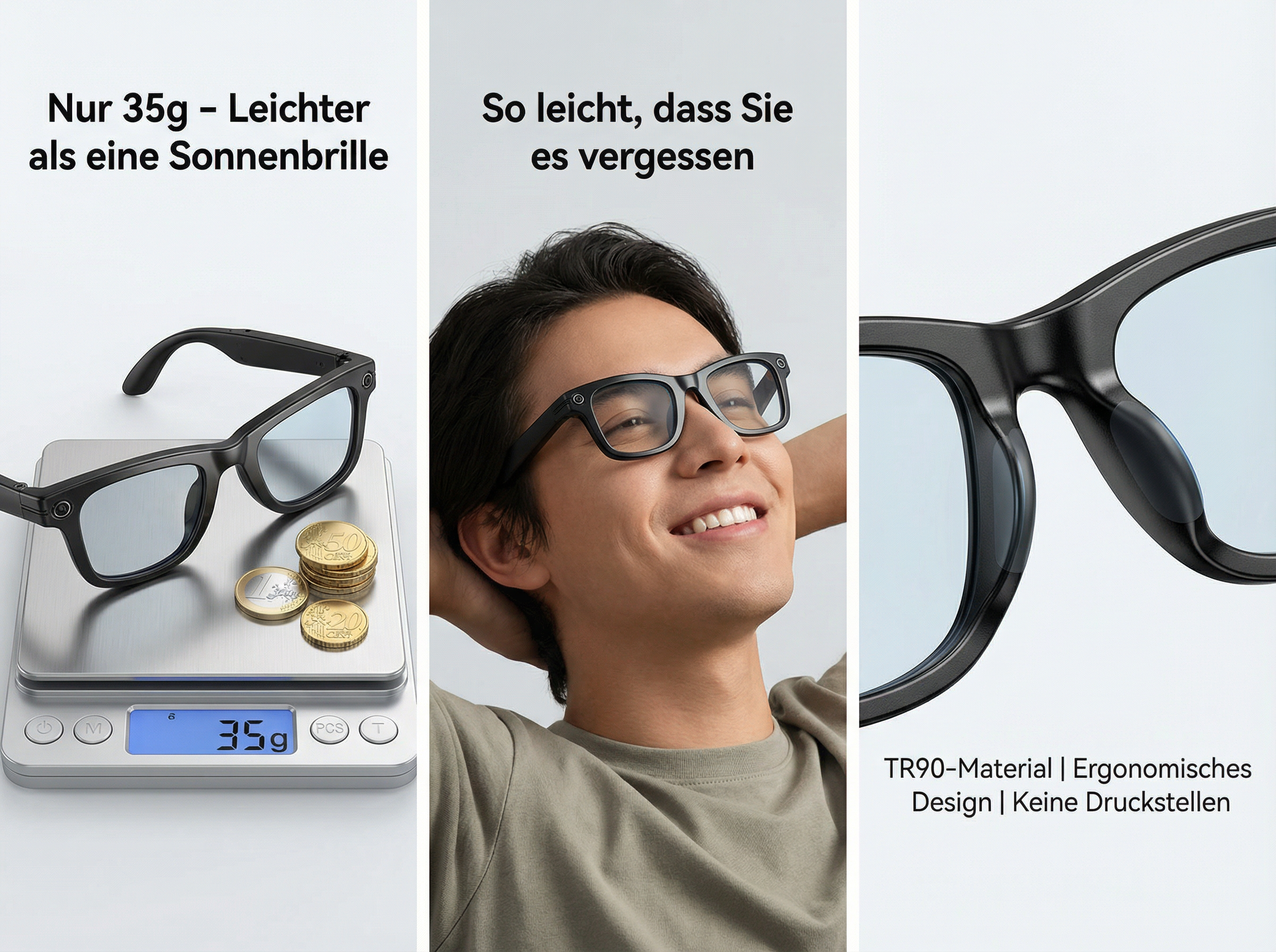 Schwarze Brille auf Waage, daneben Münzen. Mann trägt Brille.