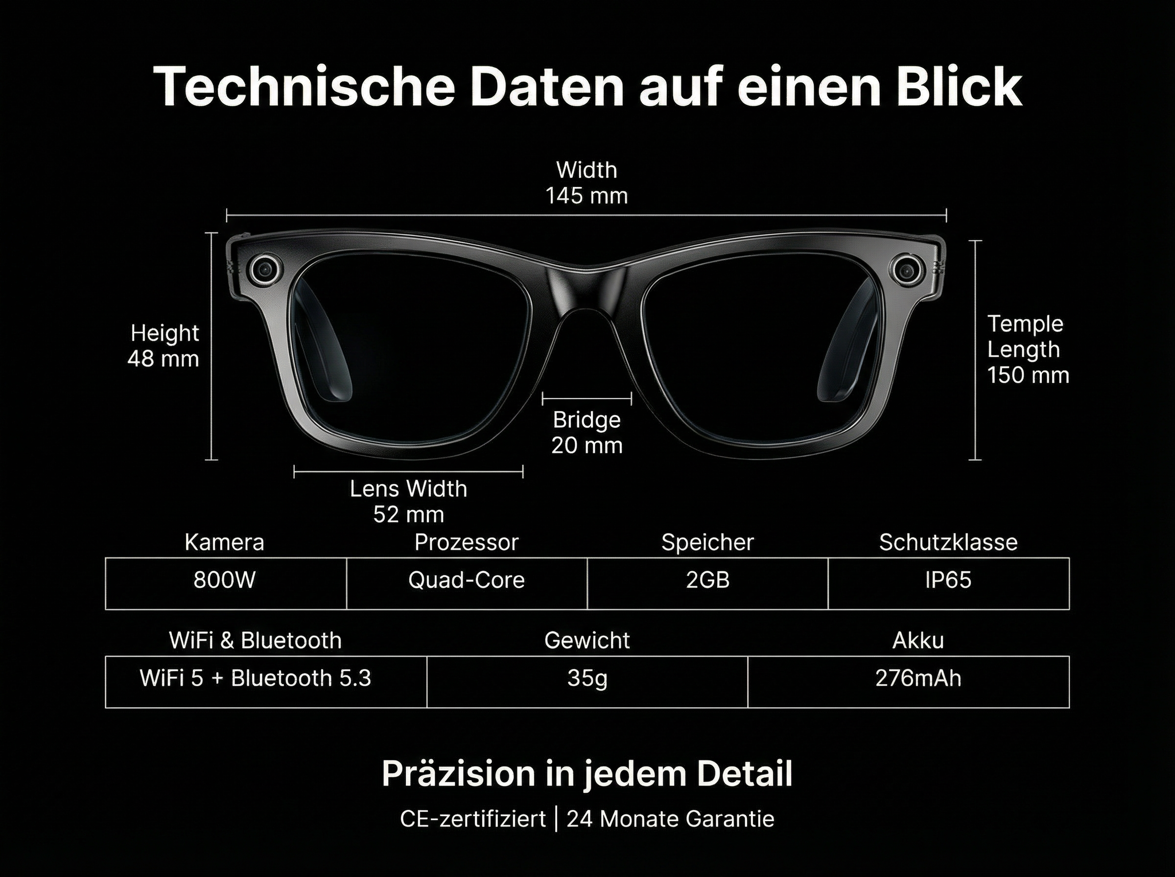Technische Daten: Brille Breite 145mm, Höhe 48mm, Bügellänge 150mm.