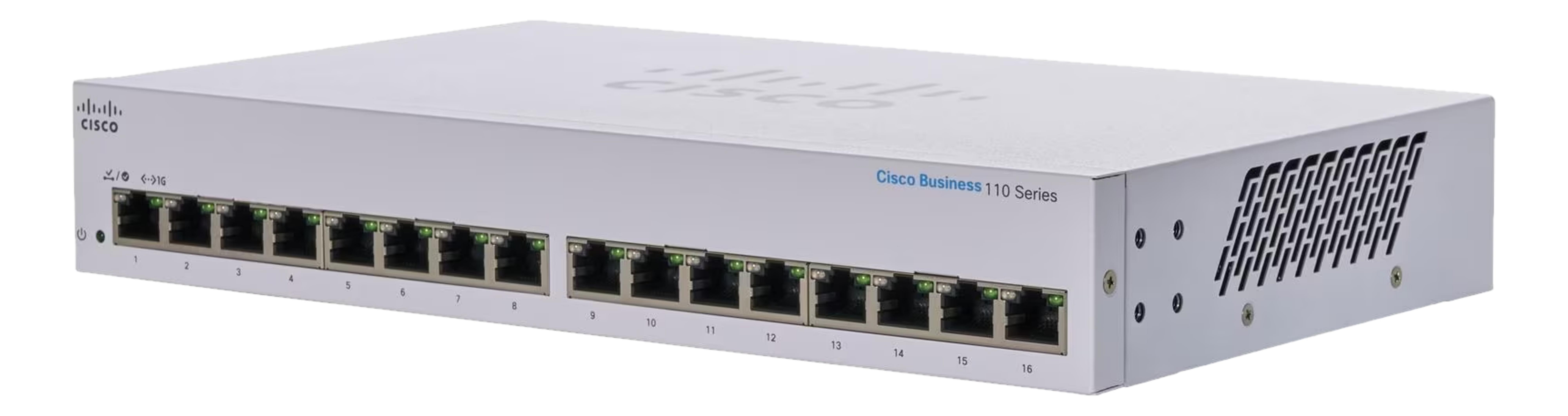 Biały przełącznik Cisco Business 110 Series z 16 portami.