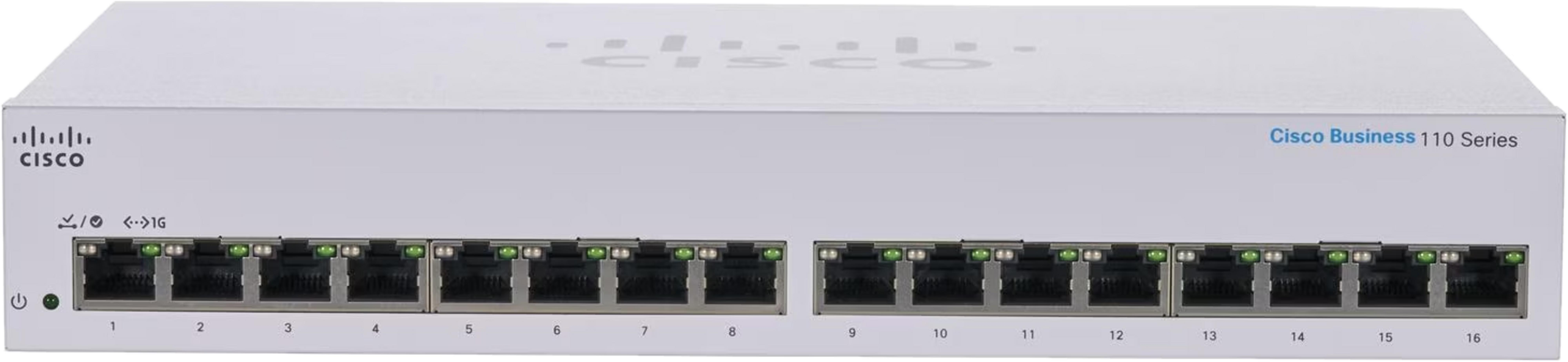 Biały przełącznik Cisco Business 110 Series z 16 portami.