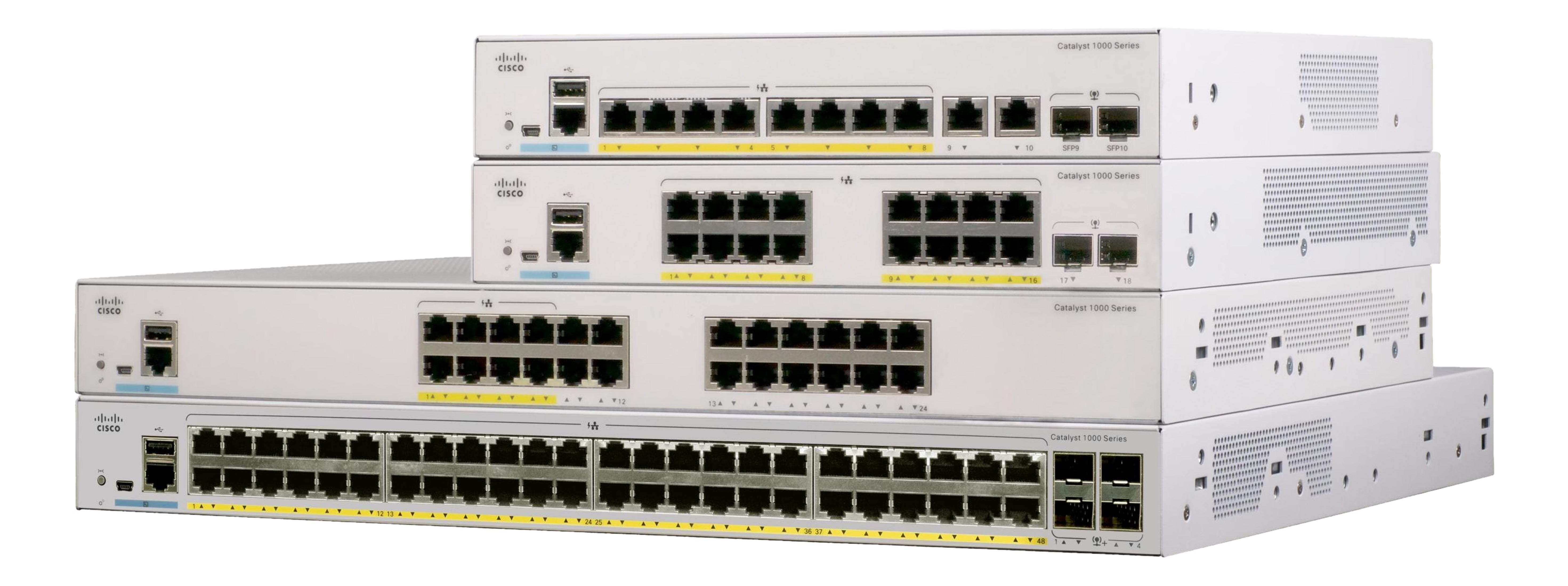 Cztery białe przełączniki sieciowe Cisco Catalyst 1000 Series ułożone jeden na drugim.