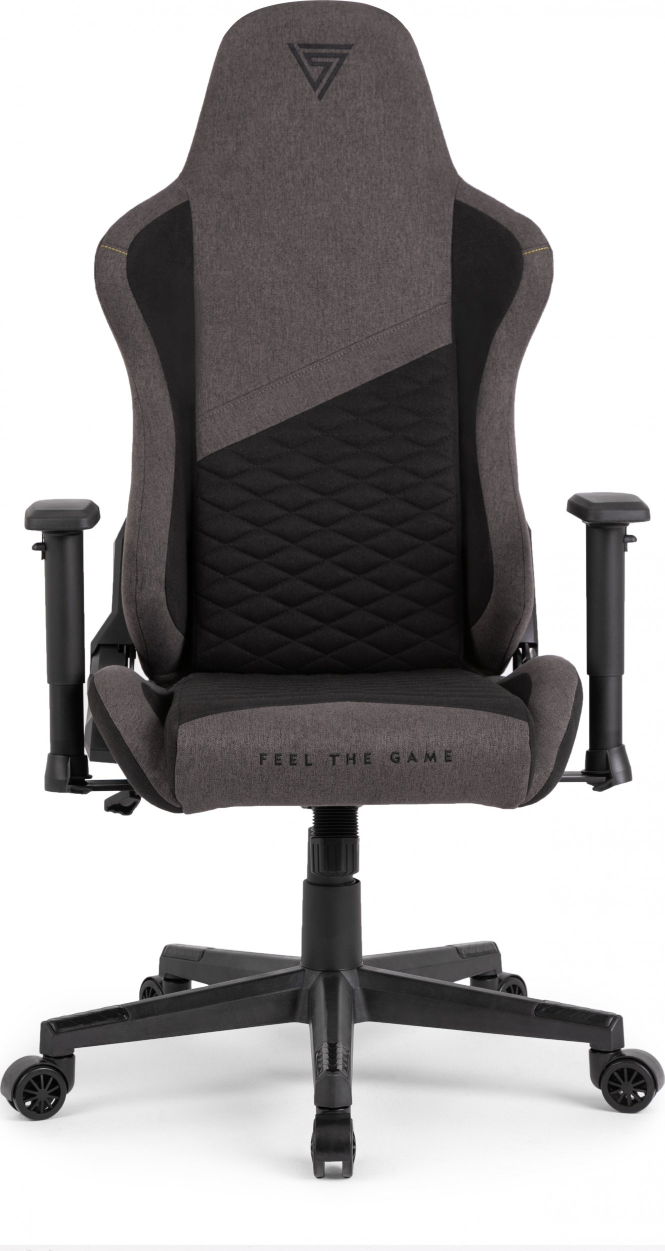 Een grijze gamestoel met zwart ruitpatroon en armleuningen.
