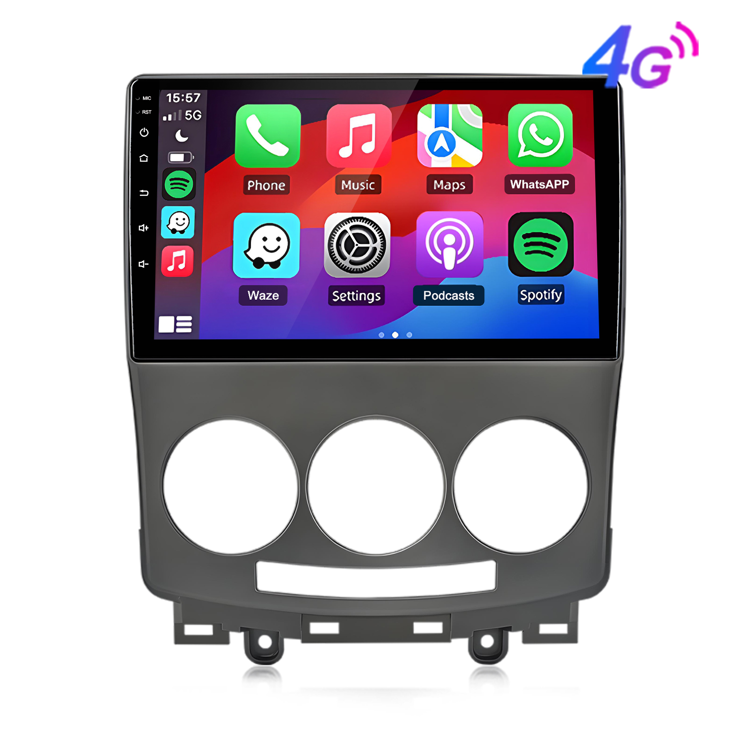 Ein Auto-Infotainmentsystem mit App-Symbolen wie Telefon, Musik und Spotify.