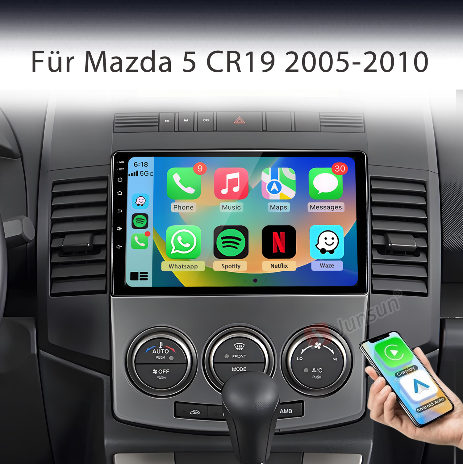 Autoinnenraum mit Touchscreen-Radio für Mazda 5, zeigt Smartphone-Apps.