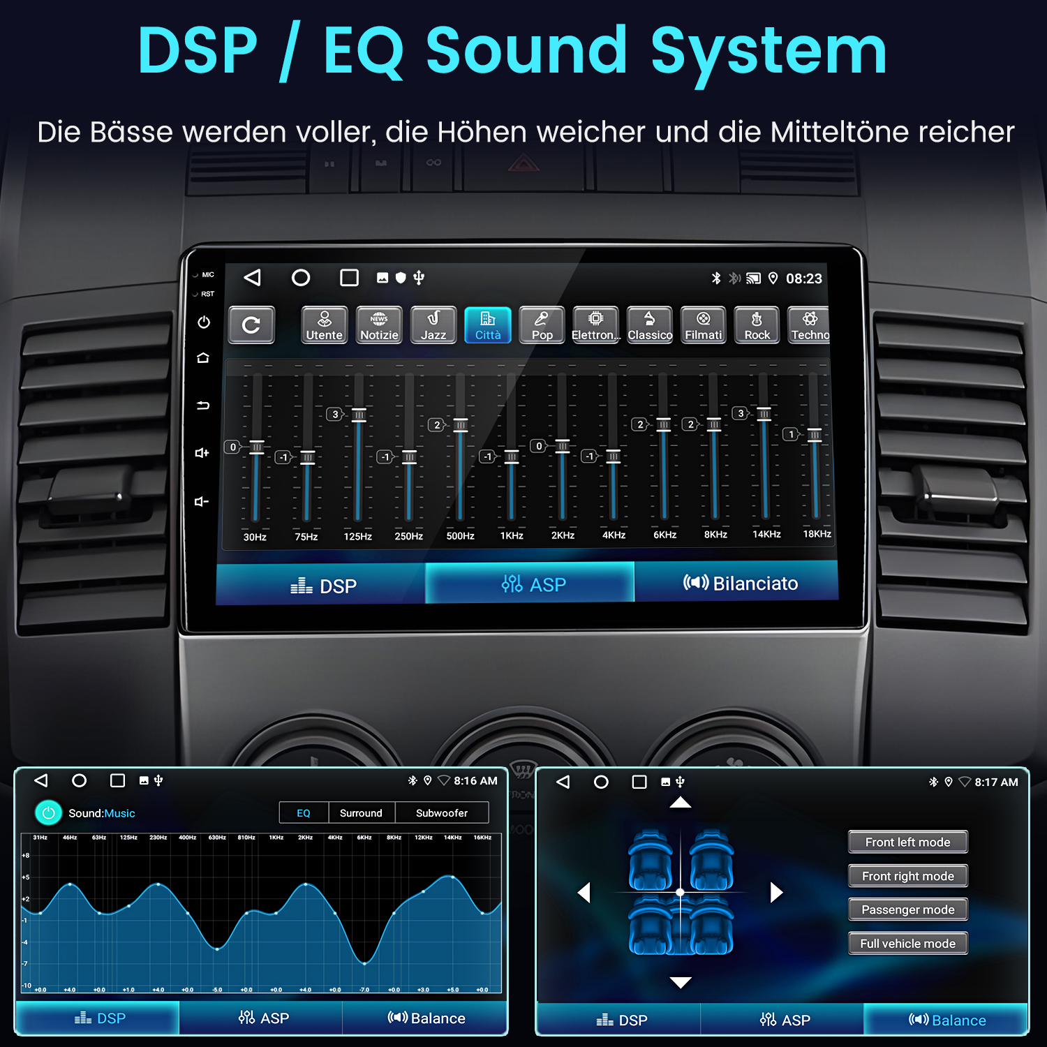 Auto-Infotainment-System mit Equalizer- und Klangoptionen.