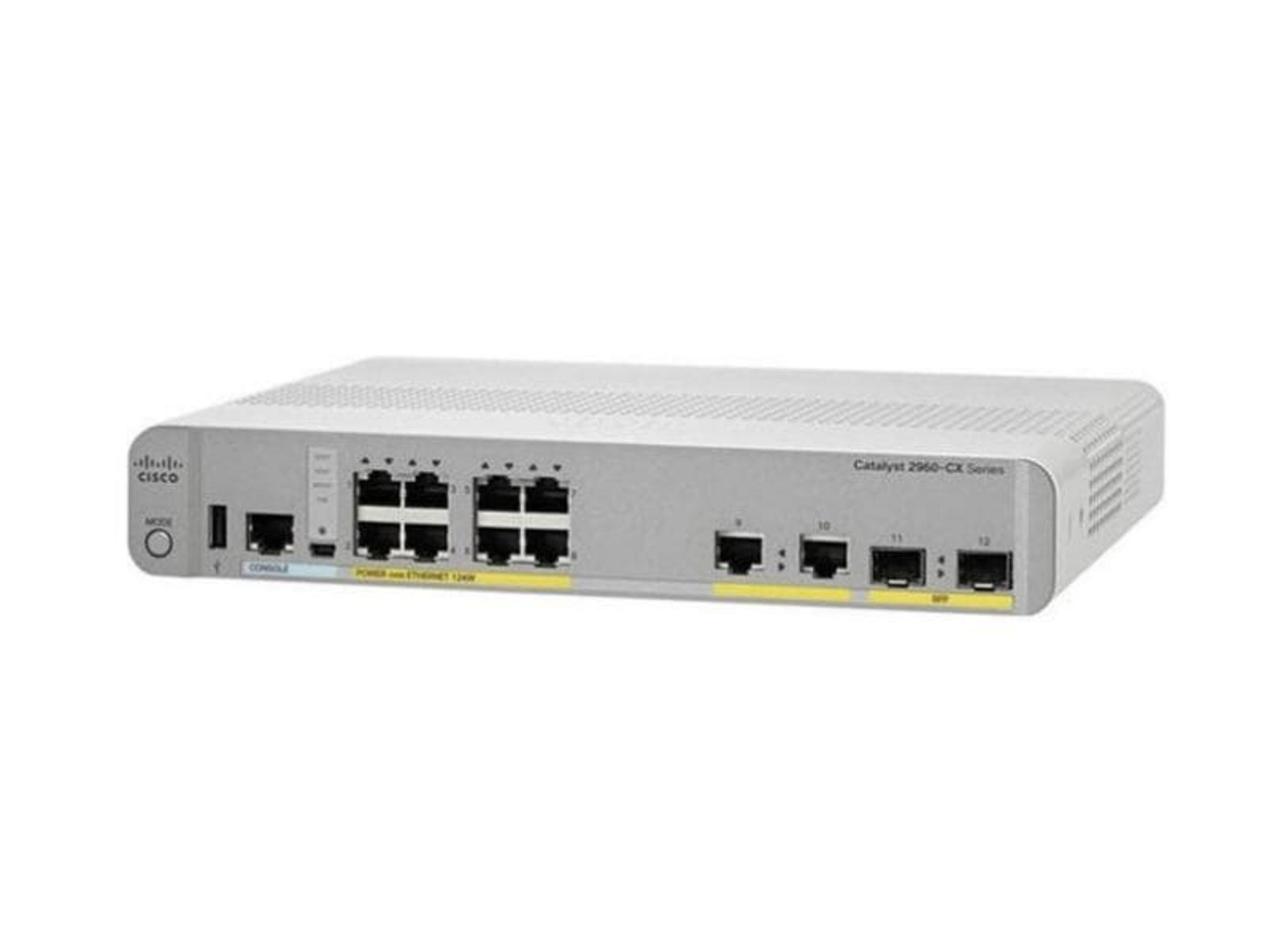 Uno switch di rete Cisco Catalyst 2960-CX argentato con varie porte sul pannello frontale.