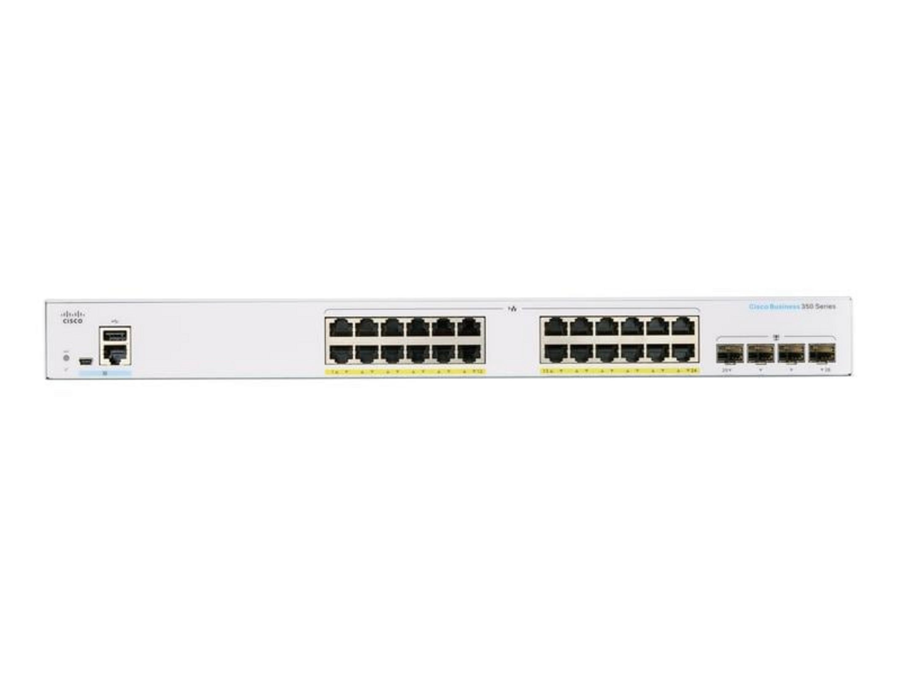 Ein weißer Cisco Switch mit 24 Ethernet-Ports und Anschlüssen vorne.