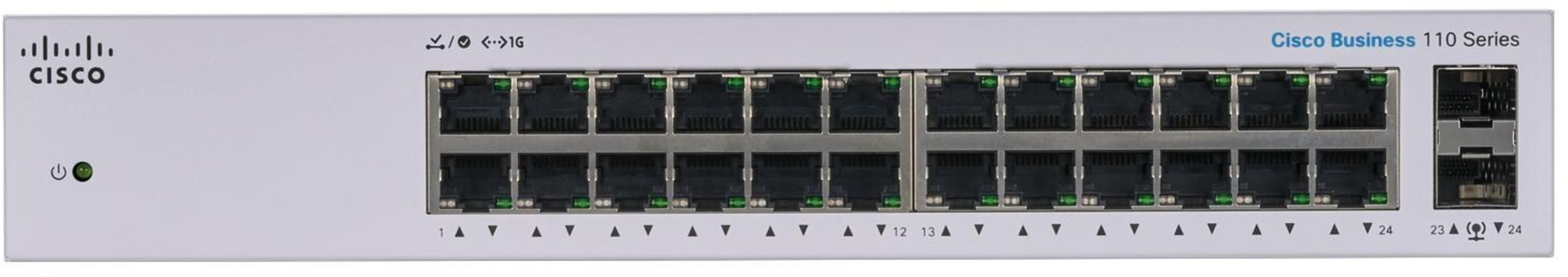 Un switch Cisco Business 110 Series argenté à 24 ports avec des LED vertes.