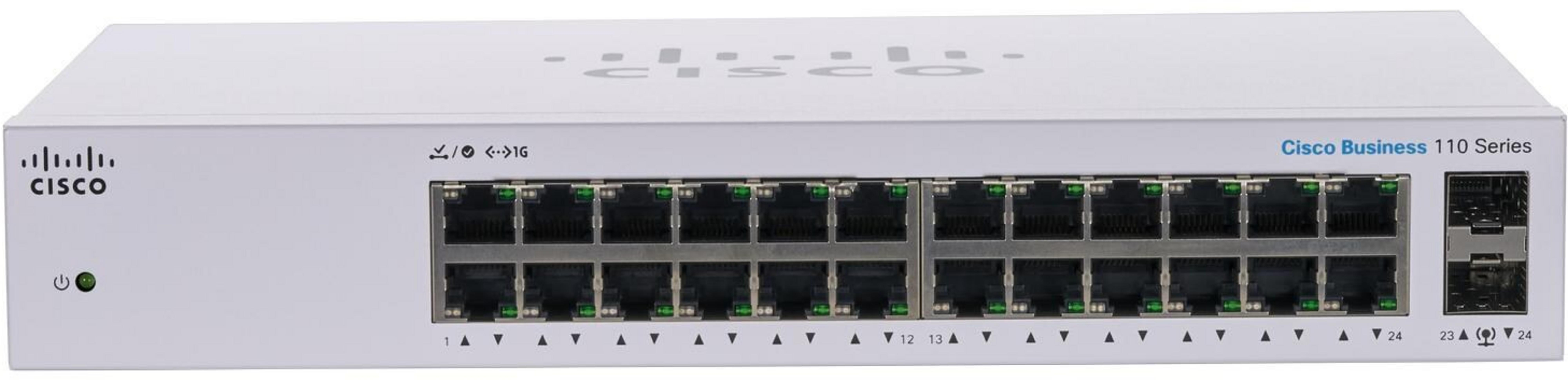 Un commutateur Cisco Business 110 Series blanc avec 24 ports Ethernet.