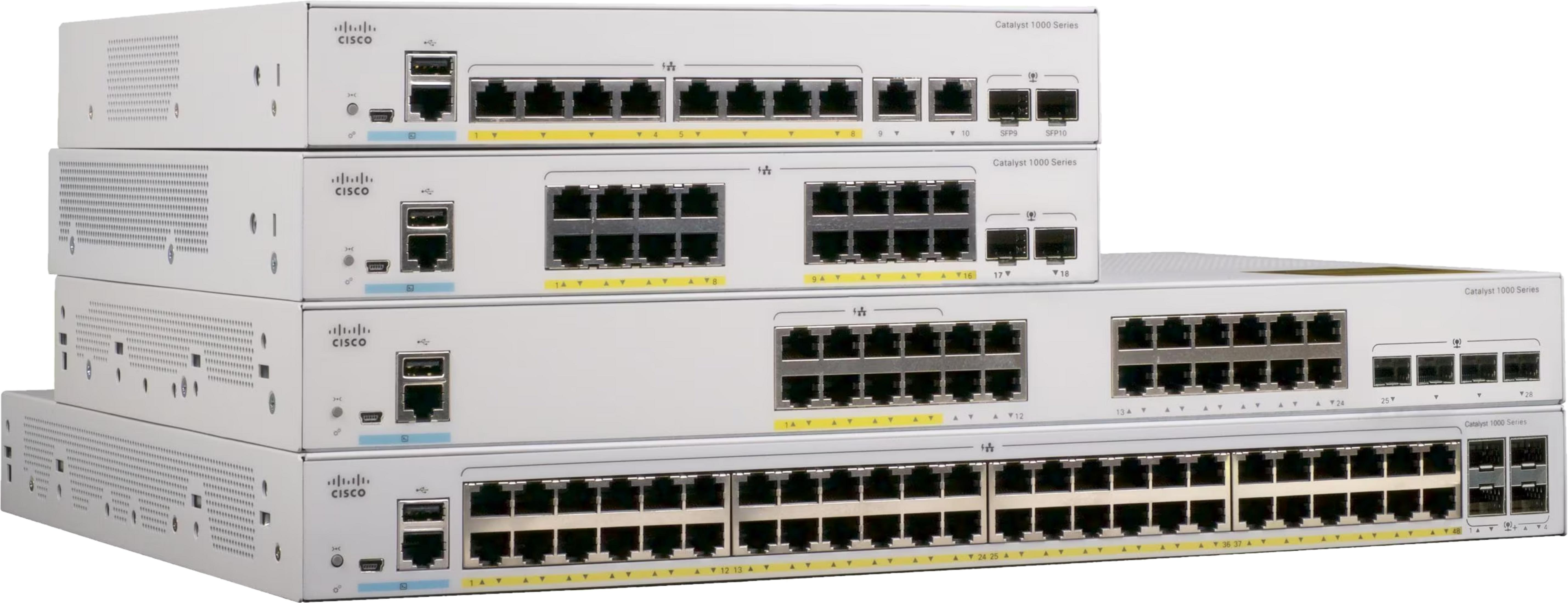 Vier weiße Cisco Catalyst 1000 Series Netzwerk-Switches, gestapelt.