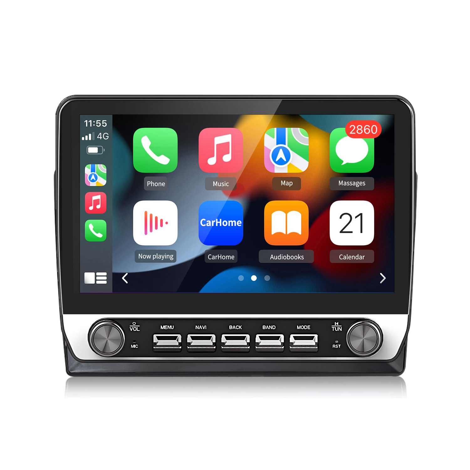 Ekran systemu multimedialnego samochodu z ikonami aplikacji, takimi jak Telefon, Muzyka i Wiadomości.