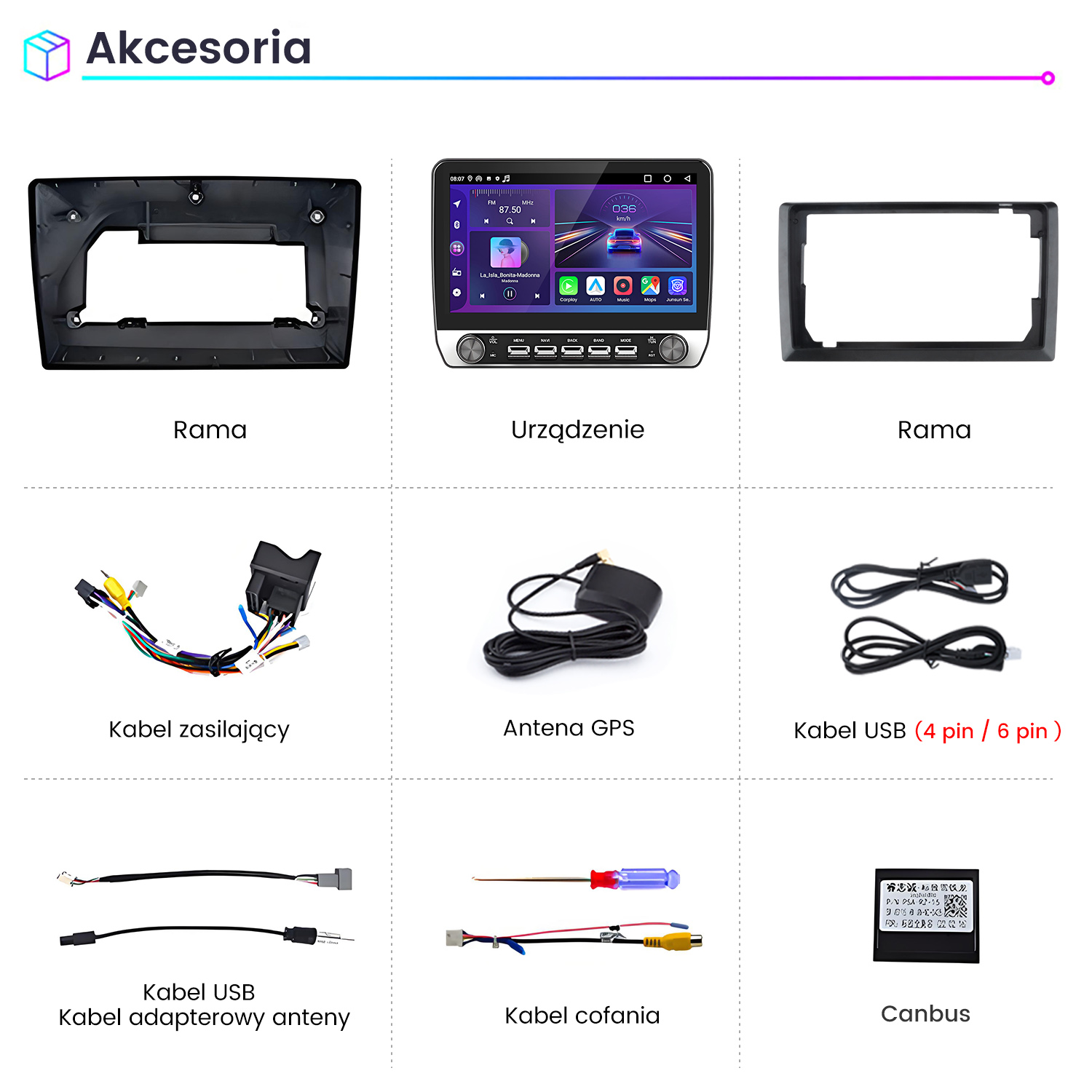 Czarna ramka, wyświetlacz radia samochodowego, kolejna czarna ramka i różne akcesoria samochodowe.