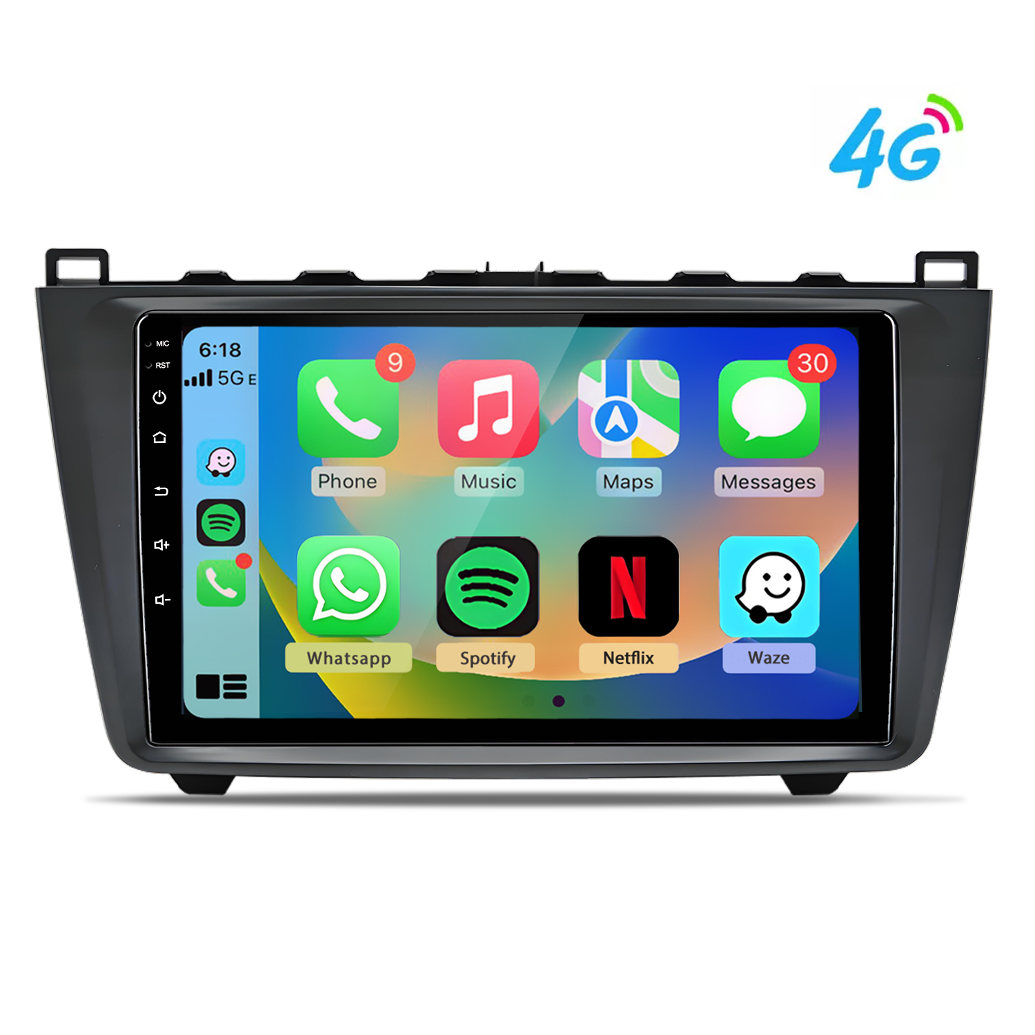 Ein Auto-Infotainment-Bildschirm mit verschiedenen App-Symbolen und 4G-Anzeige.