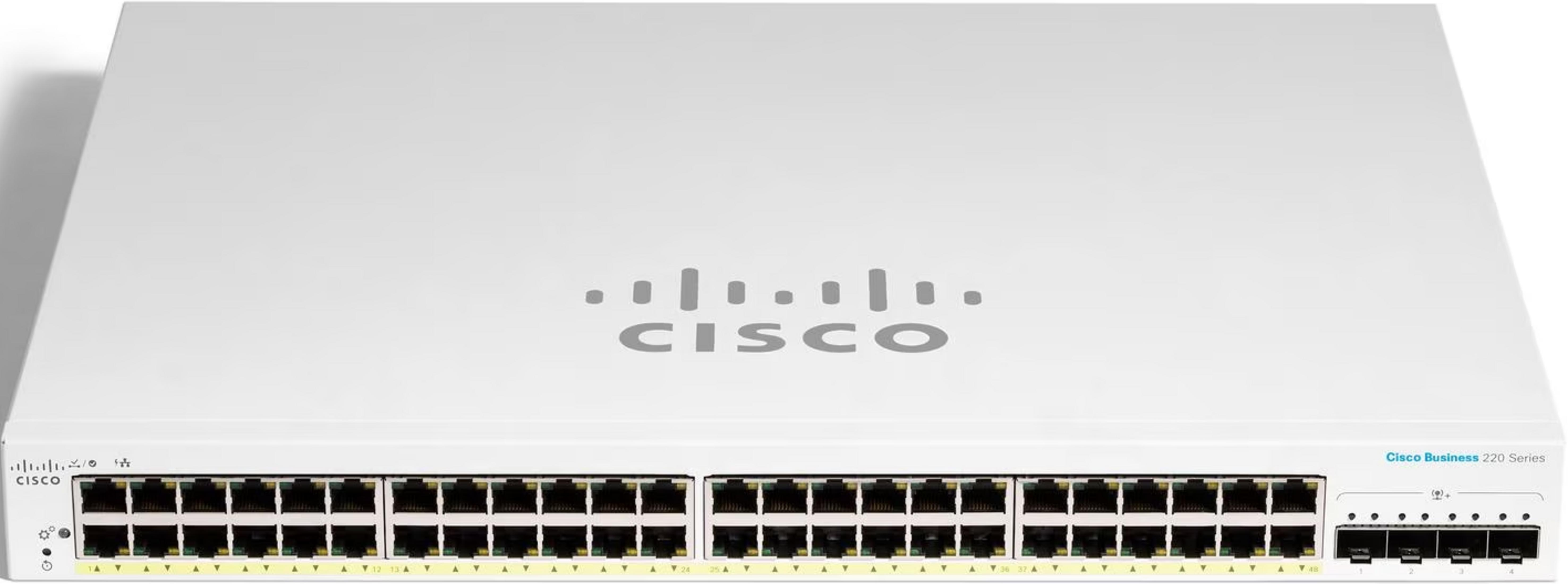 Biały przełącznik Cisco Business 220 Series z licznymi portami Ethernet.