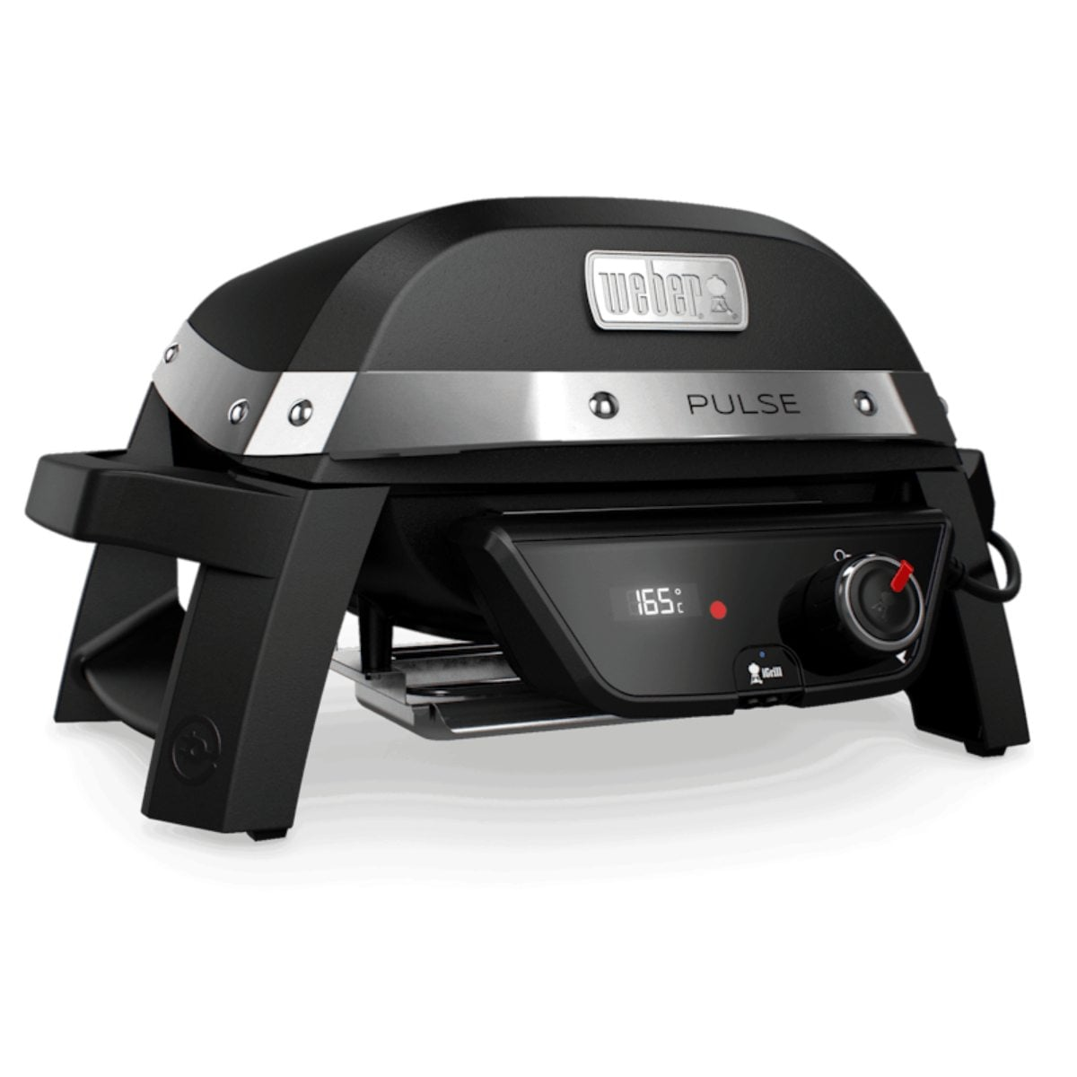 Schwarzer Weber Pulse Grill mit digitaler Anzeige und Drehregler.