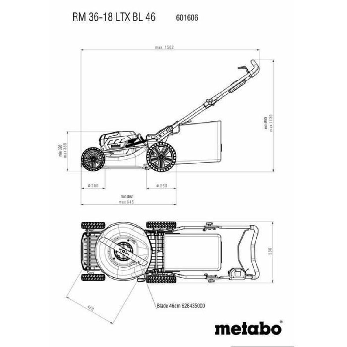 Technische Zeichnung eines Rasenmähers mit Maßen und Modellnummer RM 36-18 LTX BL 46.