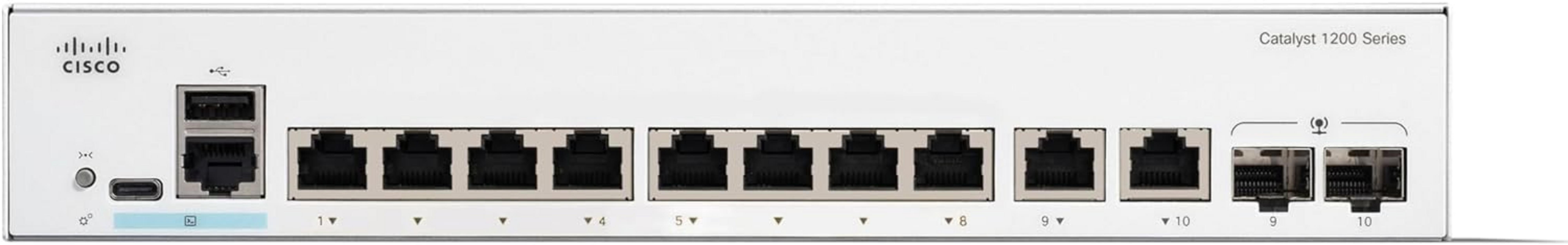Biały przełącznik Cisco Catalyst 1200 Series z 10 portami Ethernet i złączami USB.