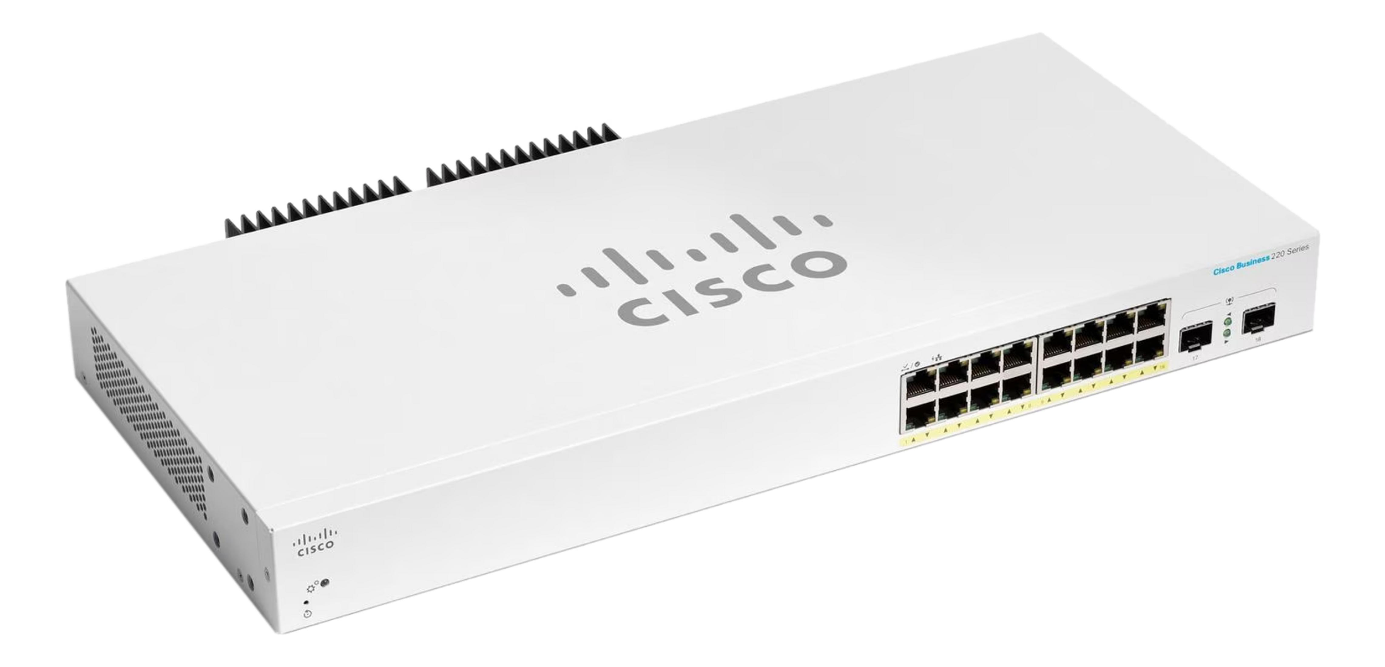 Switch di rete Cisco Business 220 Series bianco con molte porte Ethernet.