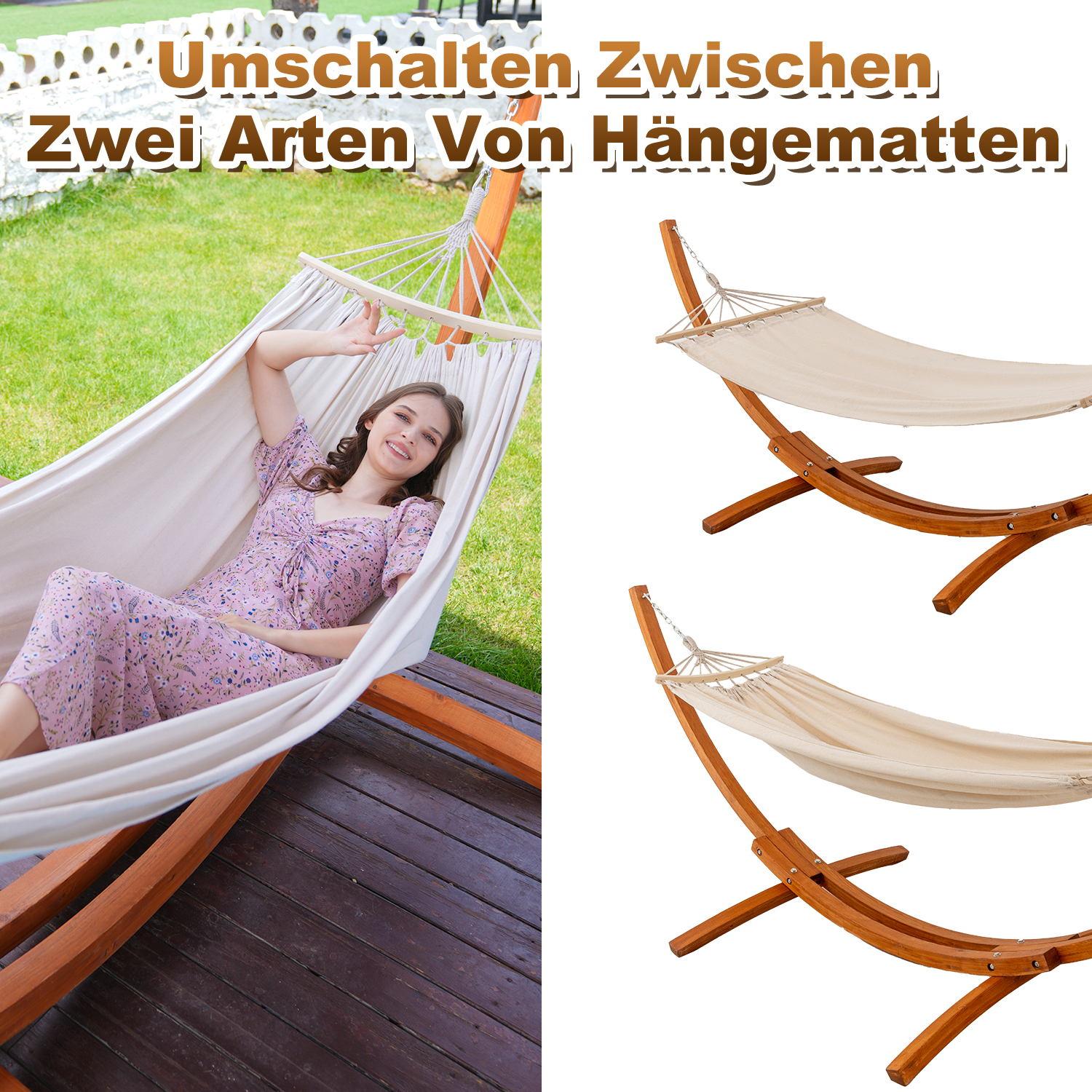 Eine Frau entspannt in einer Hängematte, daneben zwei Hängematten auf Holzständern.