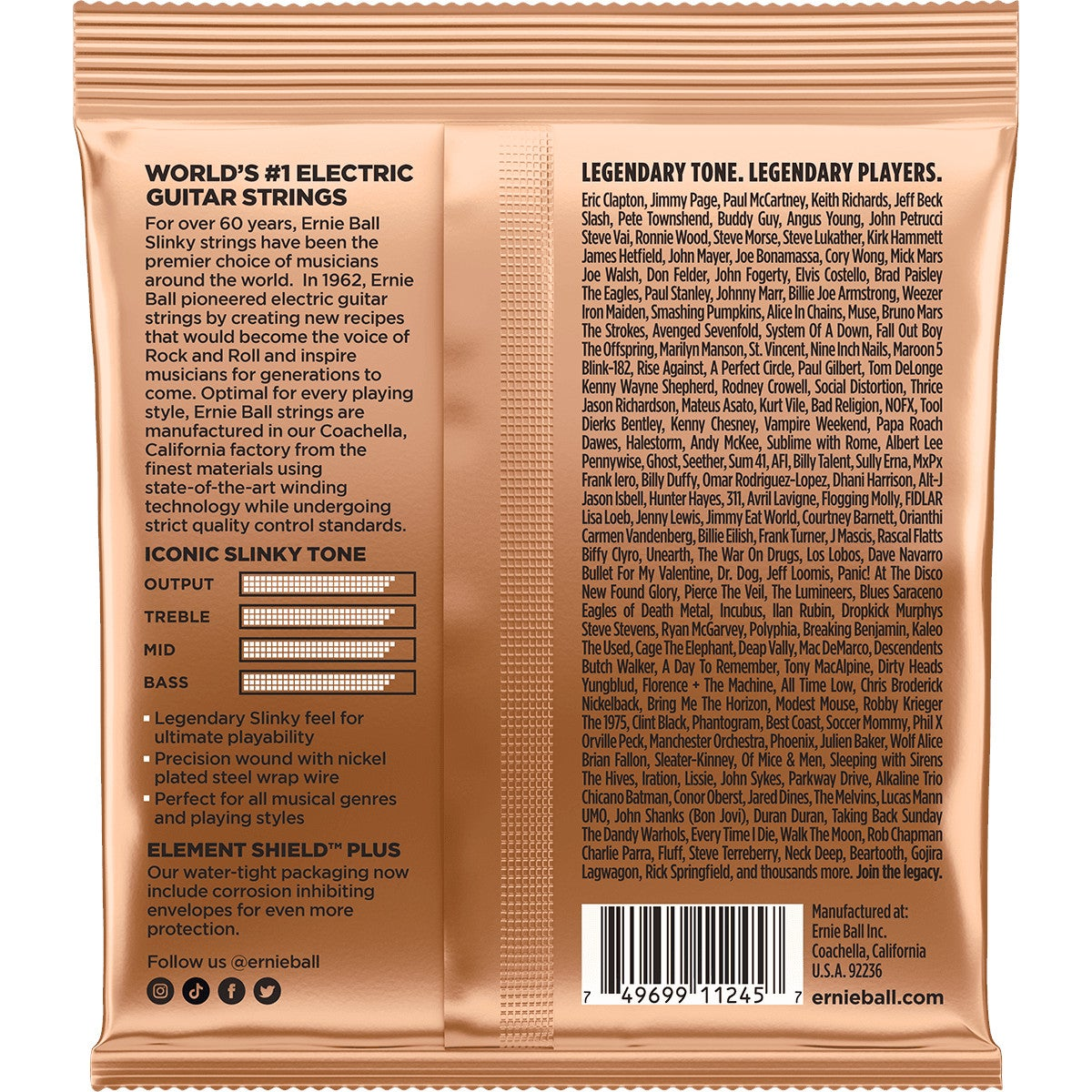 Ernie Ball guitar string packaging with text about legendary players and string types.