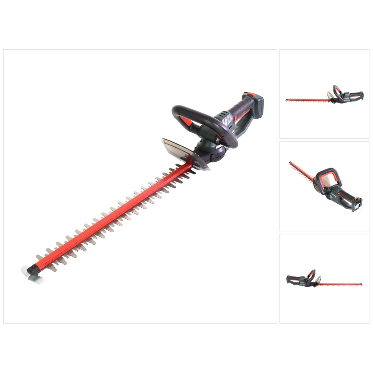 Ein elektrischer Heckenschneider mit roter Klinge und schwarzem Griff.