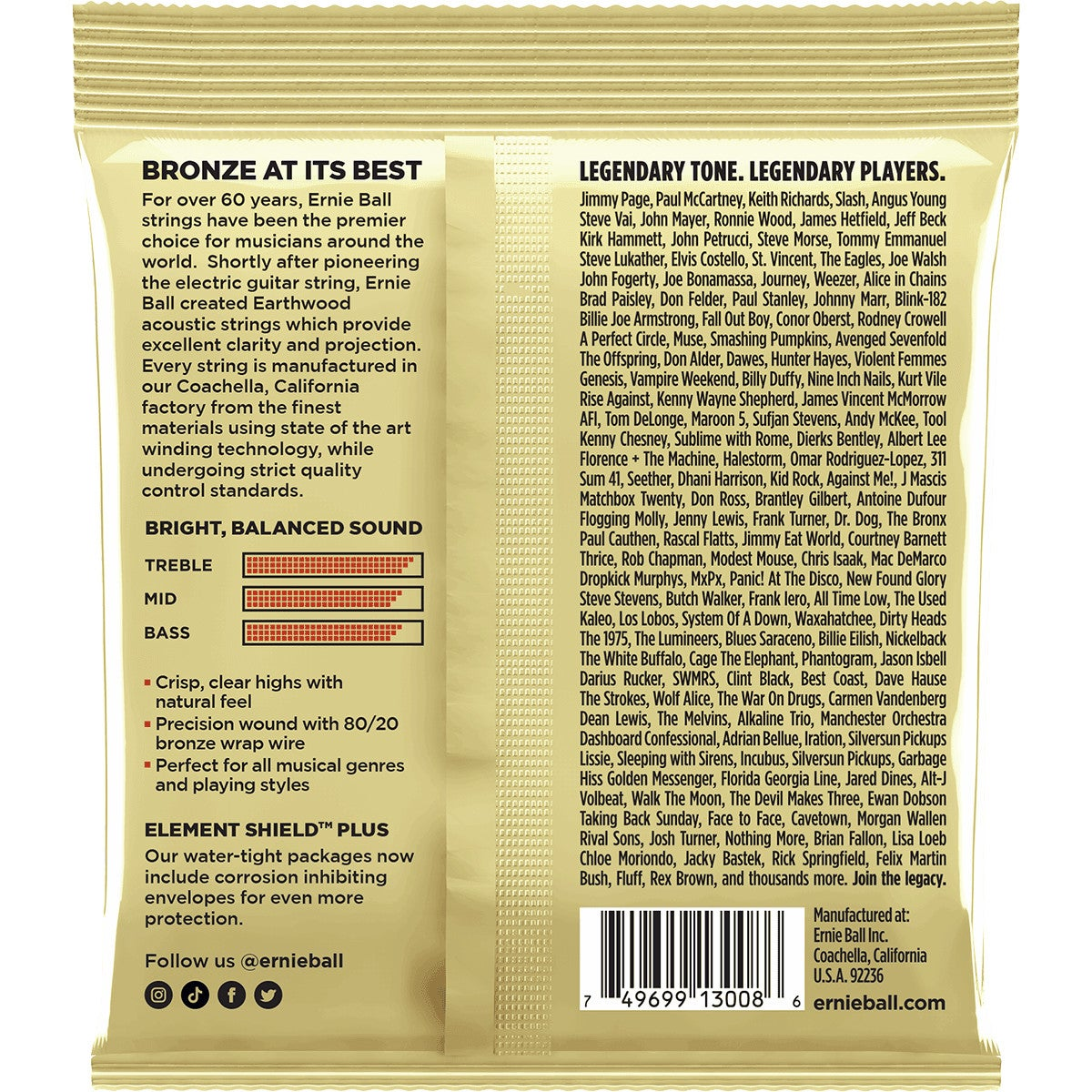 Ernie Ball snaarpakket met productinfo en lijst van muzikanten.