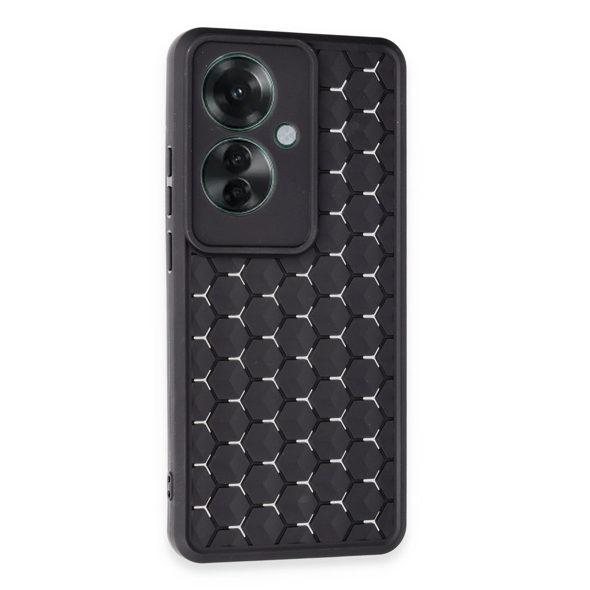 Altıgen desenli ve kamera kesimli siyah telefon kılıfı.