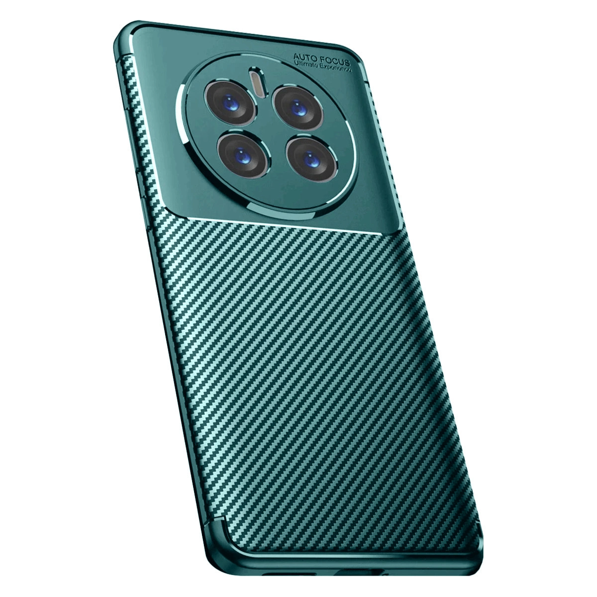 Karbon fiber desenli ve dörtlü arka kameralı turkuaz telefon kılıfı.