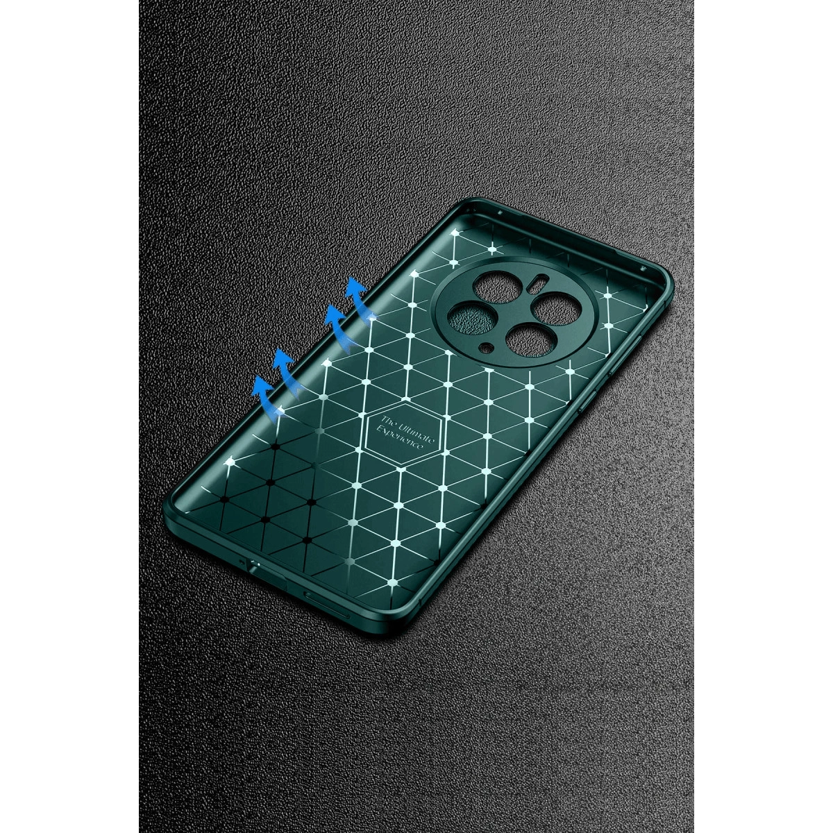 Petek desenli ve hava okları olan koyu yeşil telefon kılıfı.