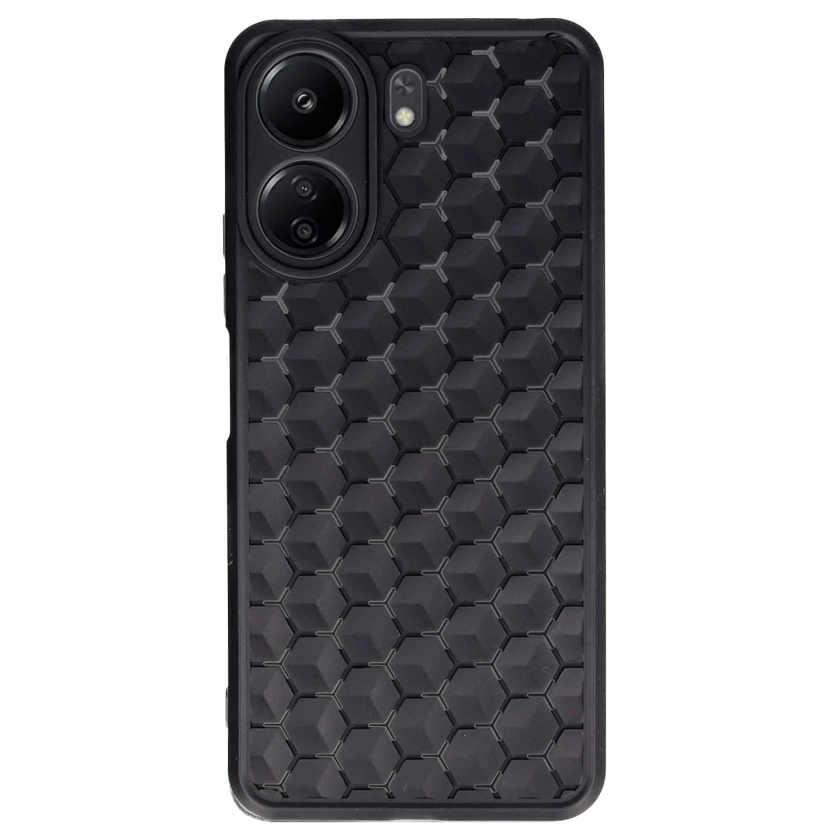 Bal peteği desenli siyah telefon kılıfı, üstte kamera modülü bulunur.