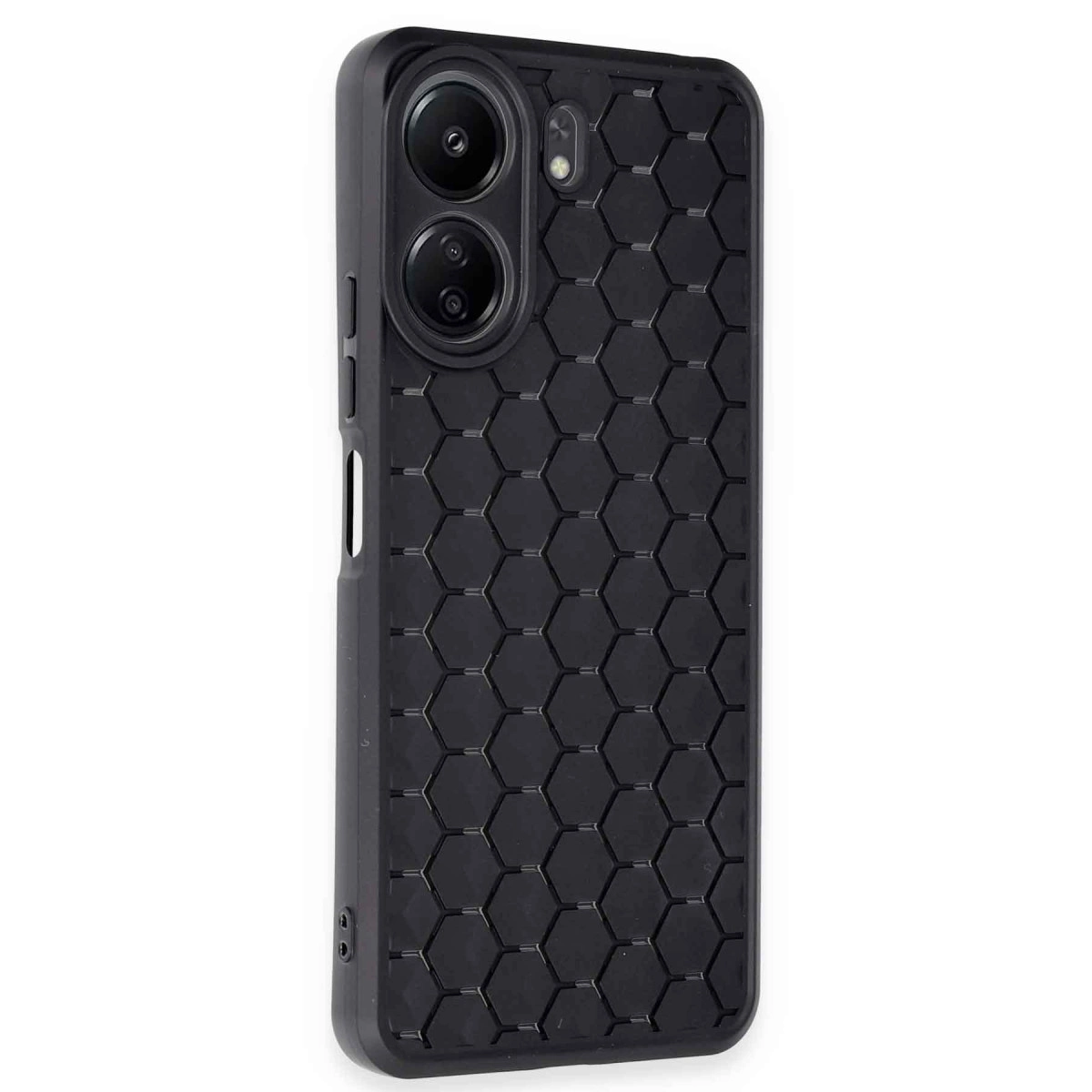 Altıgen desenli ve kamera adacıklı siyah telefon kılıfı.