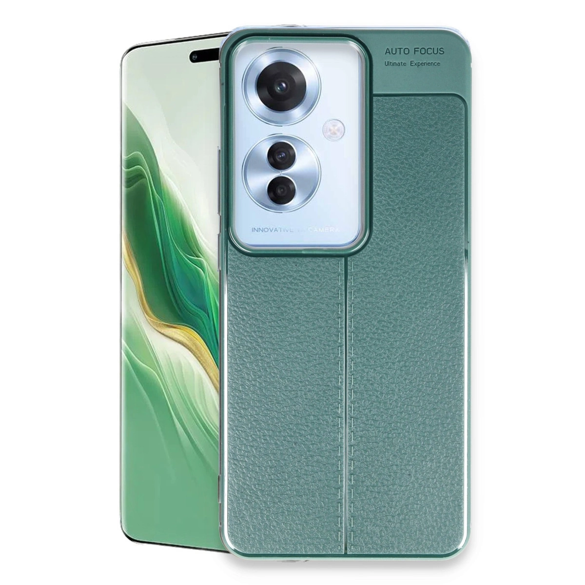 Kamera açıklığı olan yeşil telefon kılıfı, beyaz arka planda.
