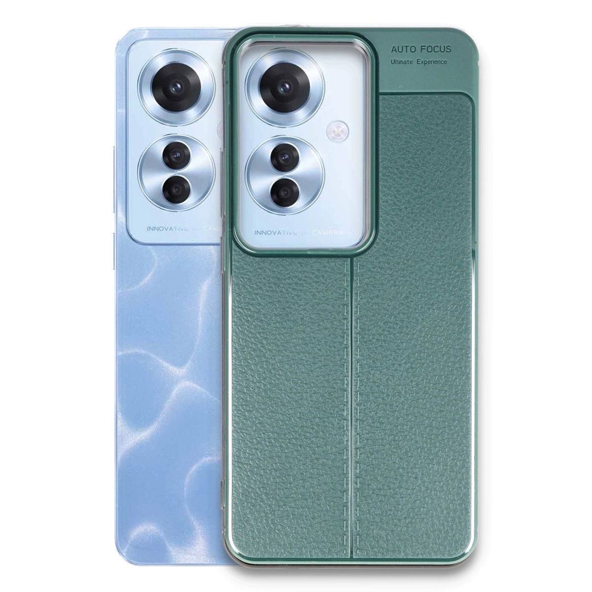 Yan yana iki telefon. Biri desenli mavi, diğeri dokulu yeşil.