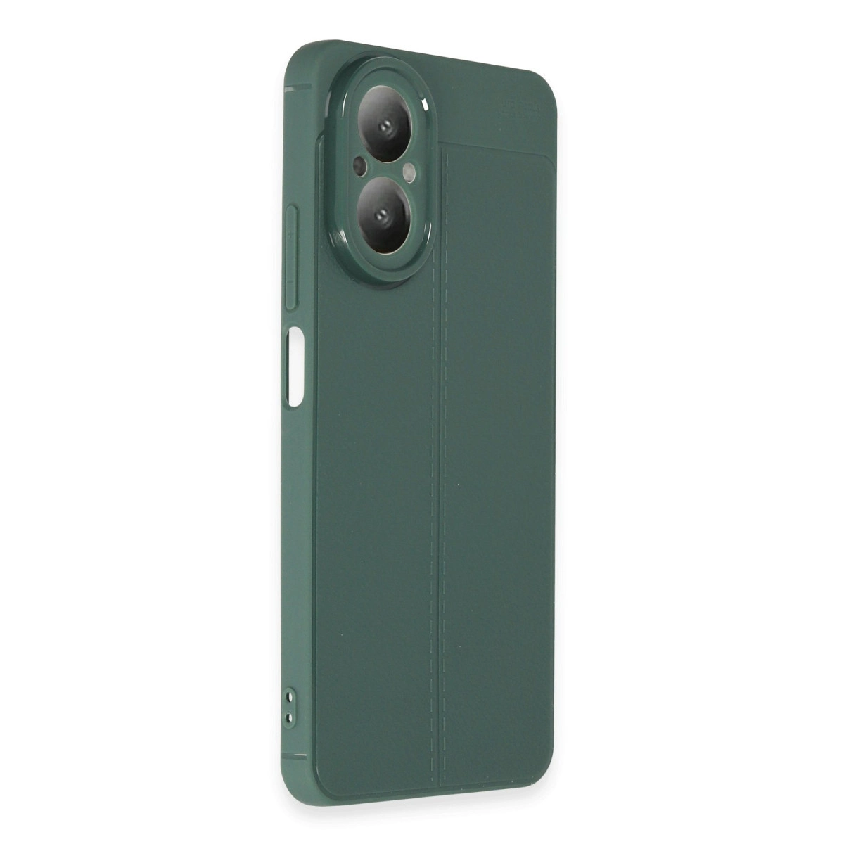 Arkada iki kamera lensi bulunan koyu yeşil telefon kılıfı.