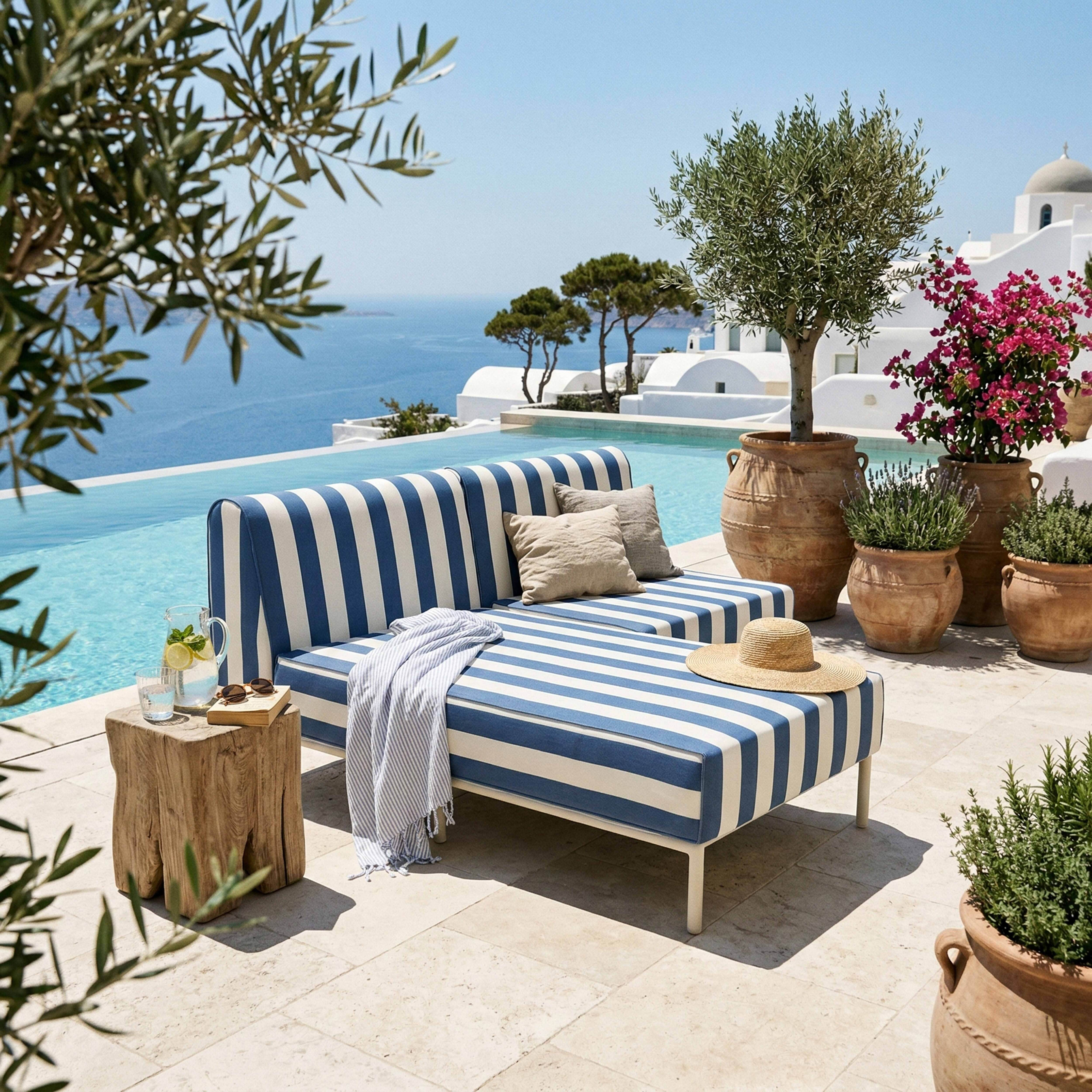 Ein blau-weiß gestreiftes Sofa am Pool mit Blick aufs Meer. Mit Glaskrug und Büchern.