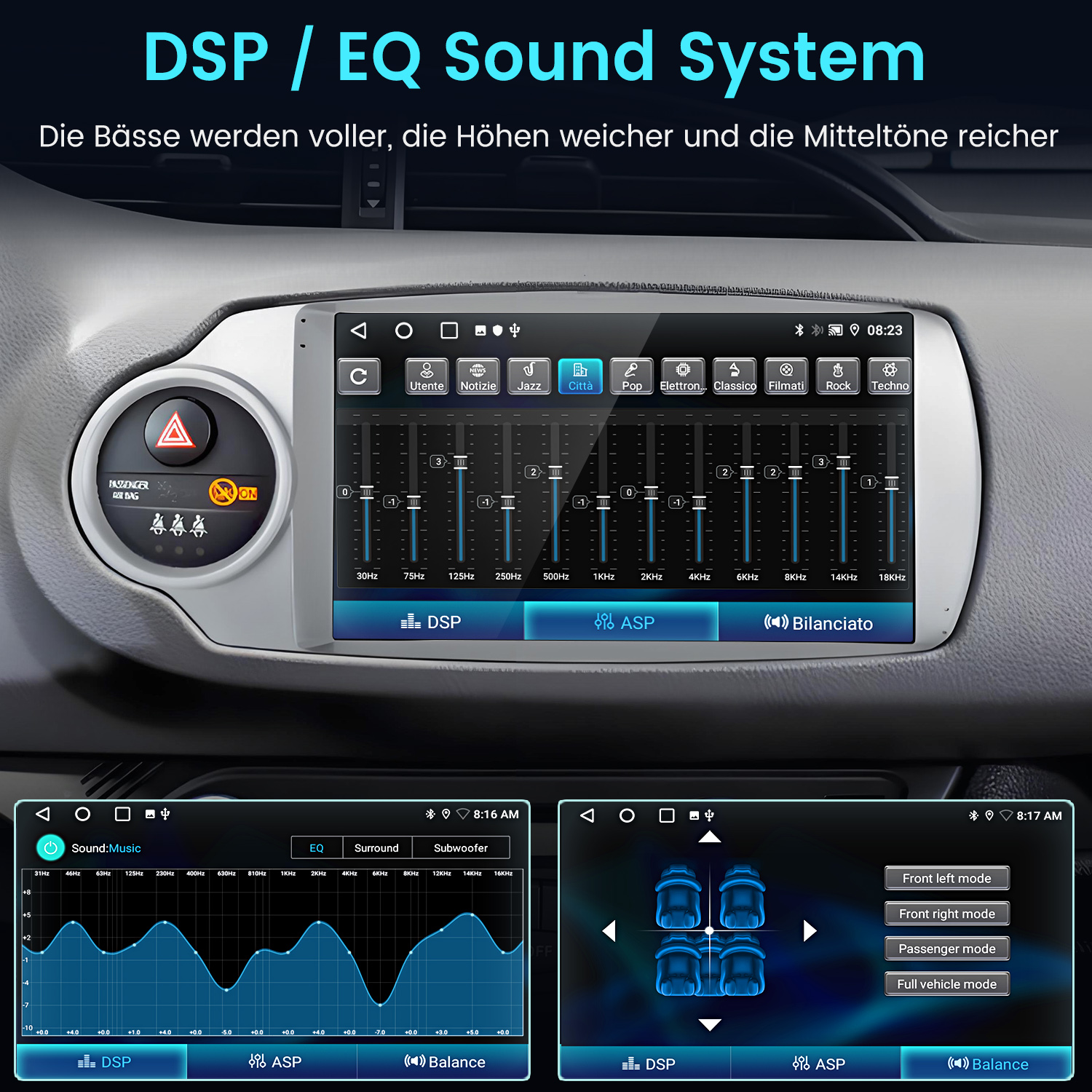 Auto-Infotainmentsystem mit EQ, Surround und Subwoofer-Einstellungen.