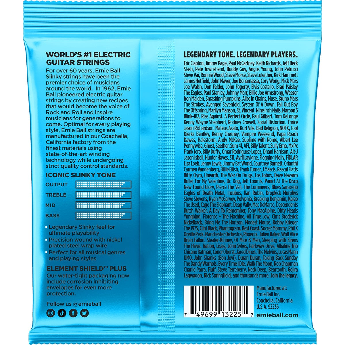 Ernie Ball Slinky gitaarsnaarverpakking met muzikantenlijst en toon-diagrammen.