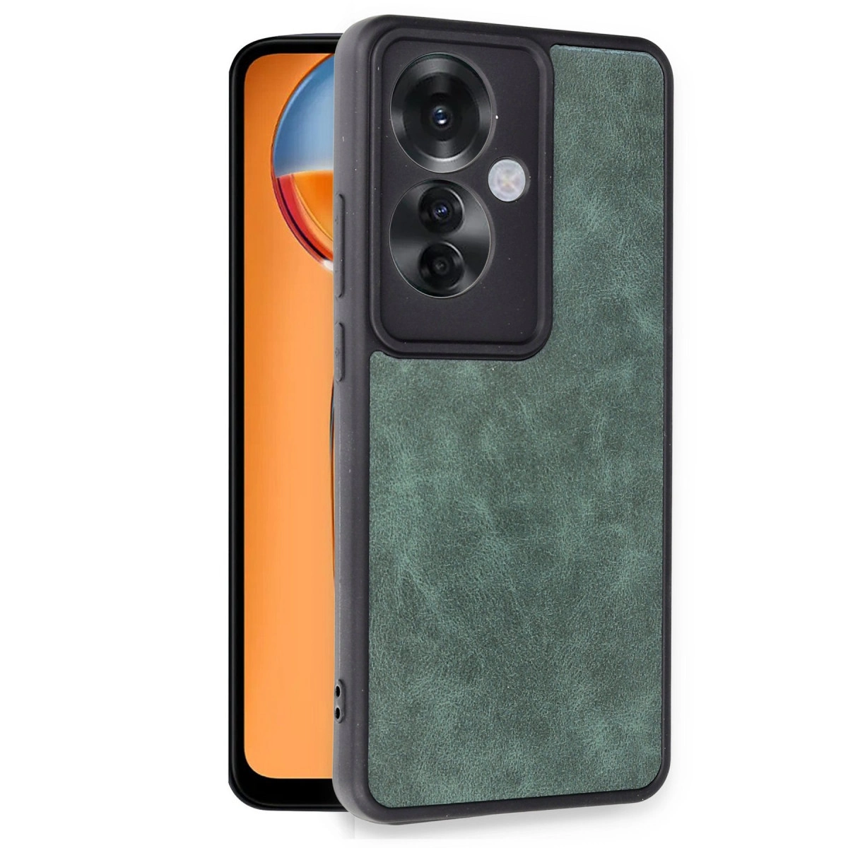 Siyah kamera modüllü, koyu yeşil, deri dokulu telefon kılıfı.